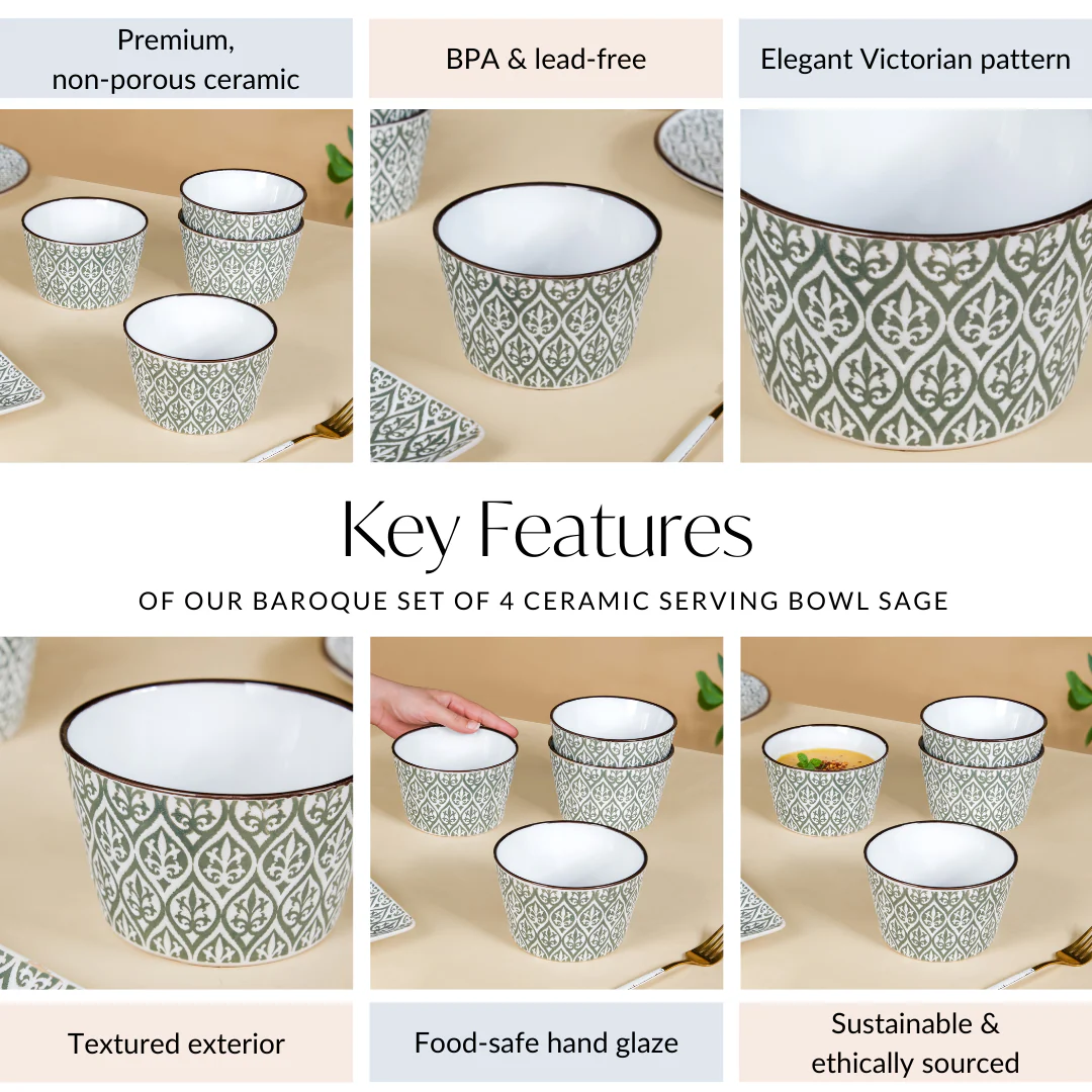 Baroque Set Of 4 Ceramic Serving Bowl Sage 650ml - Image 5