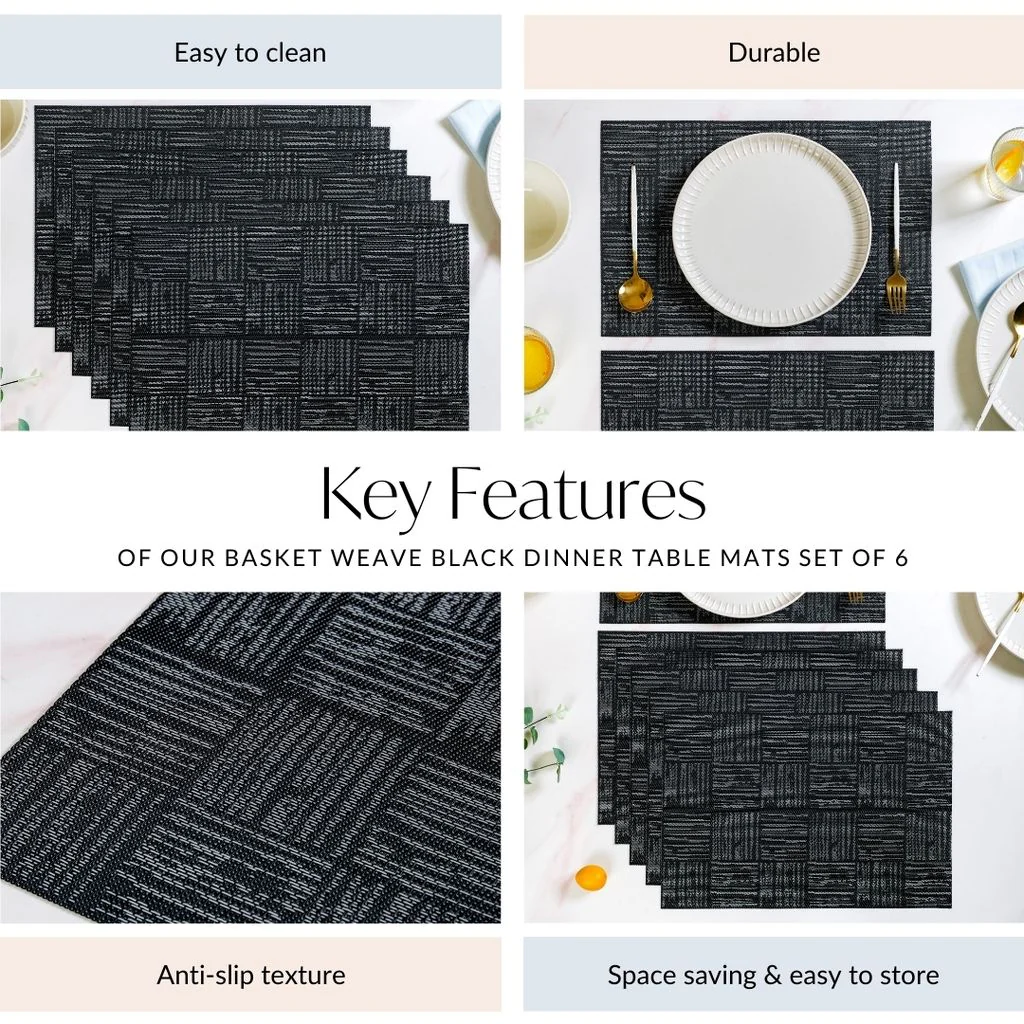 Basket Weave Black Dinner Table Mats Set Of 6 - Image 5