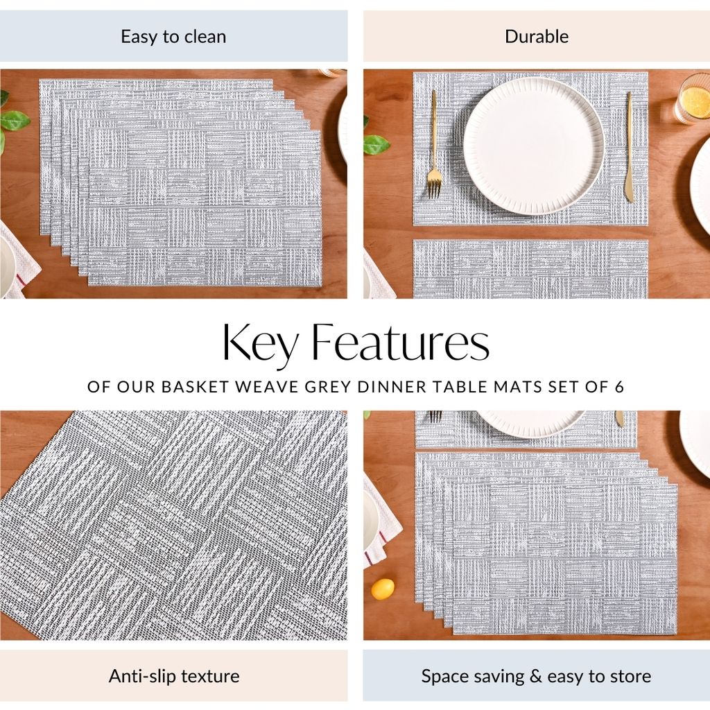 Basket Weave Grey Dinner Table Mats Set Of 6 - Image 5