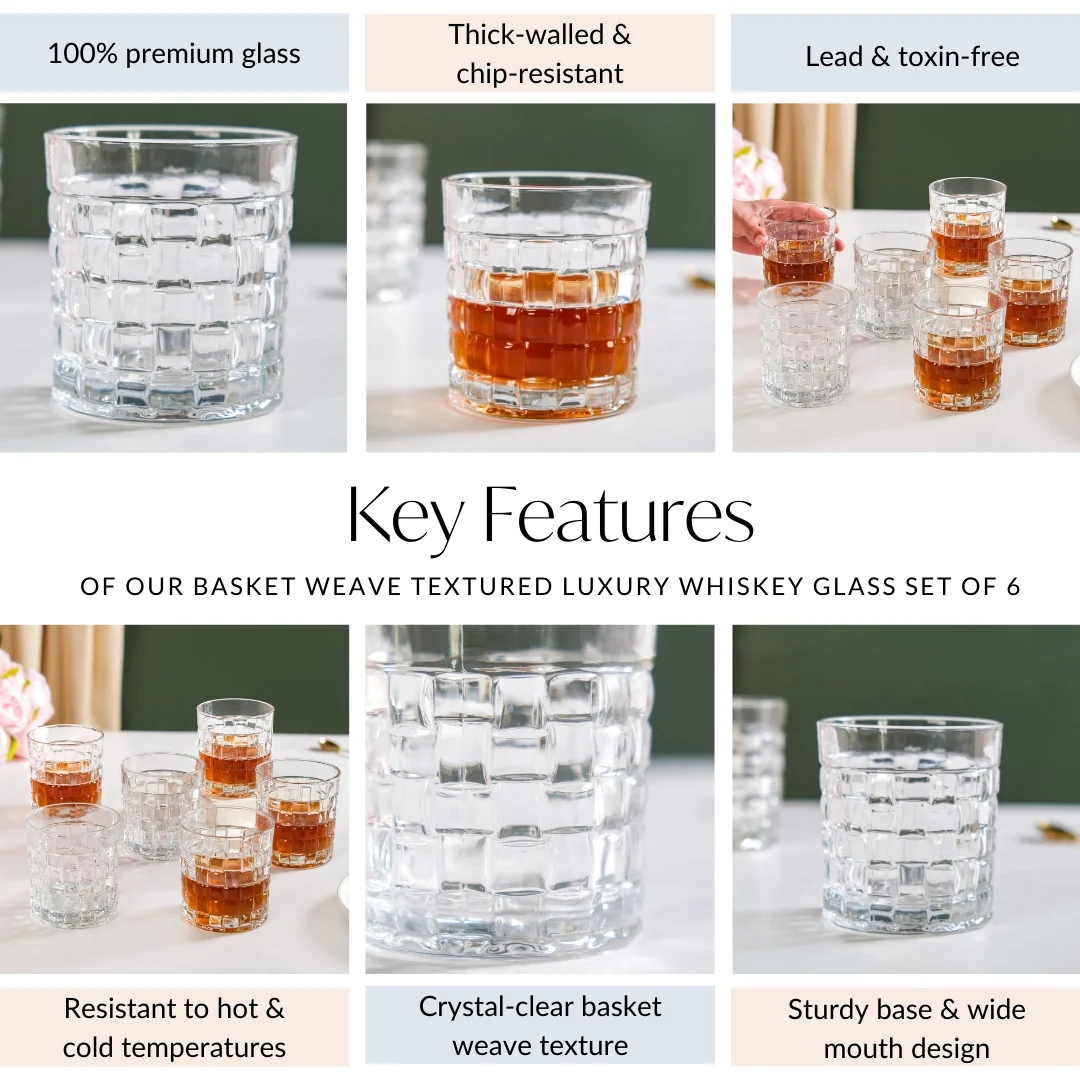 Basket Weave Textured Luxury Whiskey Glass Large Set Of 6 310ml - Image 6