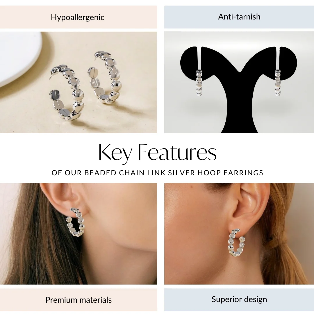 Beaded Chain Link Silver Hoop Earrings - Image 5