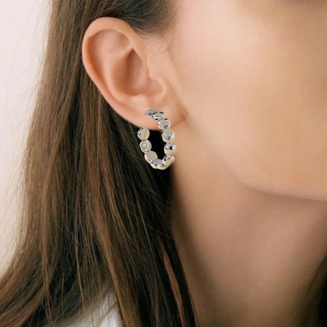 Beaded Chain Link Silver Hoop Earrings - Image 6