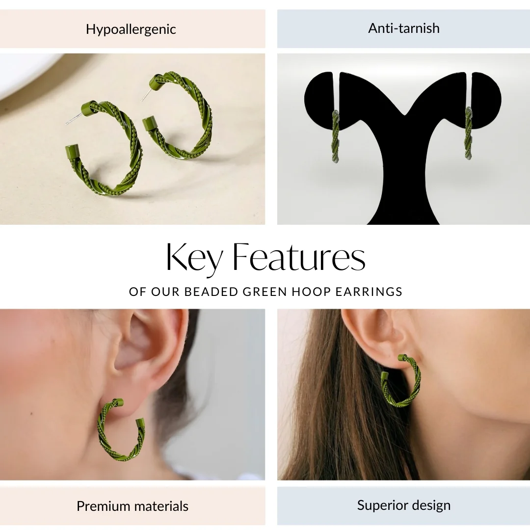Beaded Green Hoop Earrings - Image 4