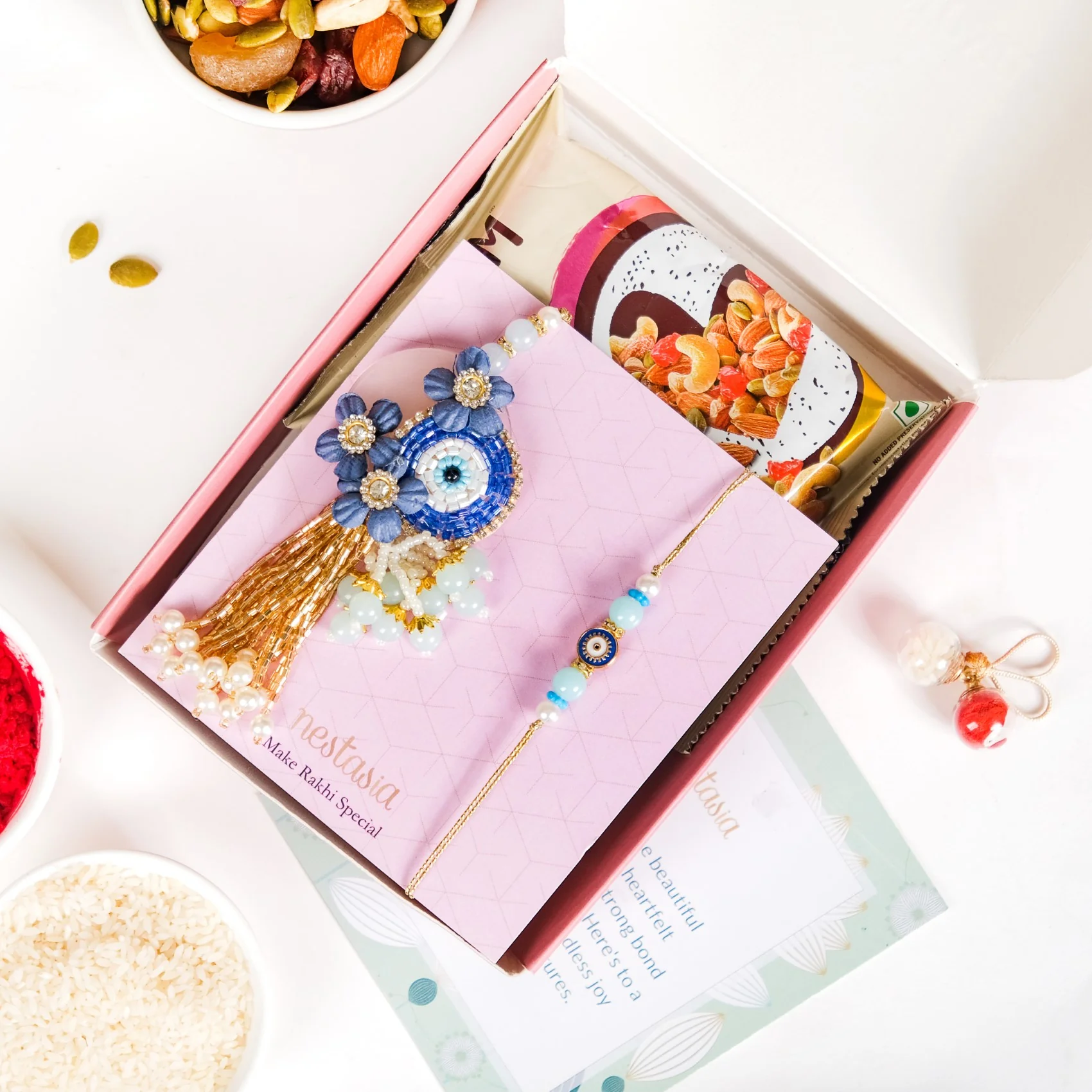 Beads Evil Eye Rakhi Lumba Hamper Set Of 4 With Gift Box - Image 3