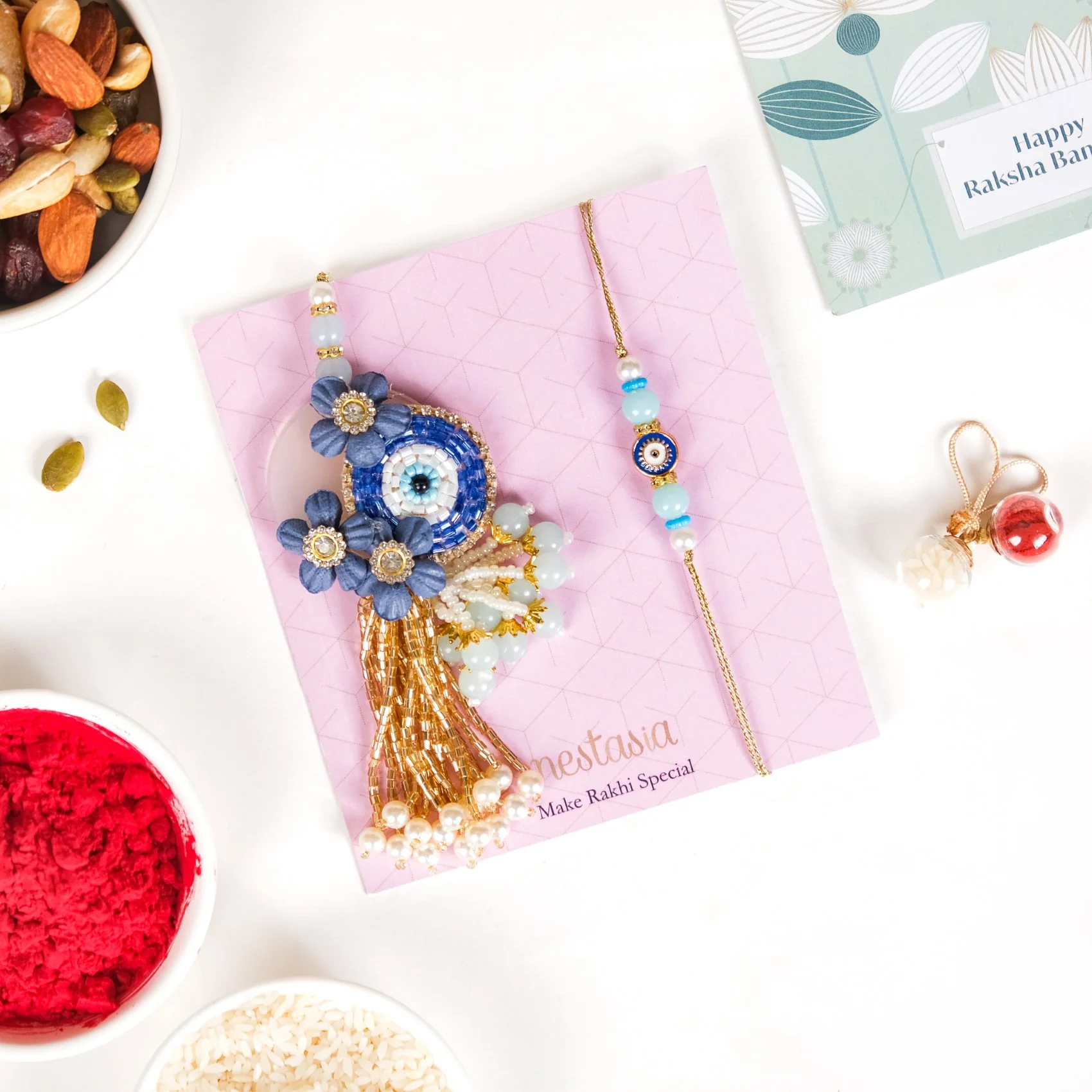Beads Evil Eye Rakhi Lumba Hamper Set Of 4 With Gift Box - Image 7