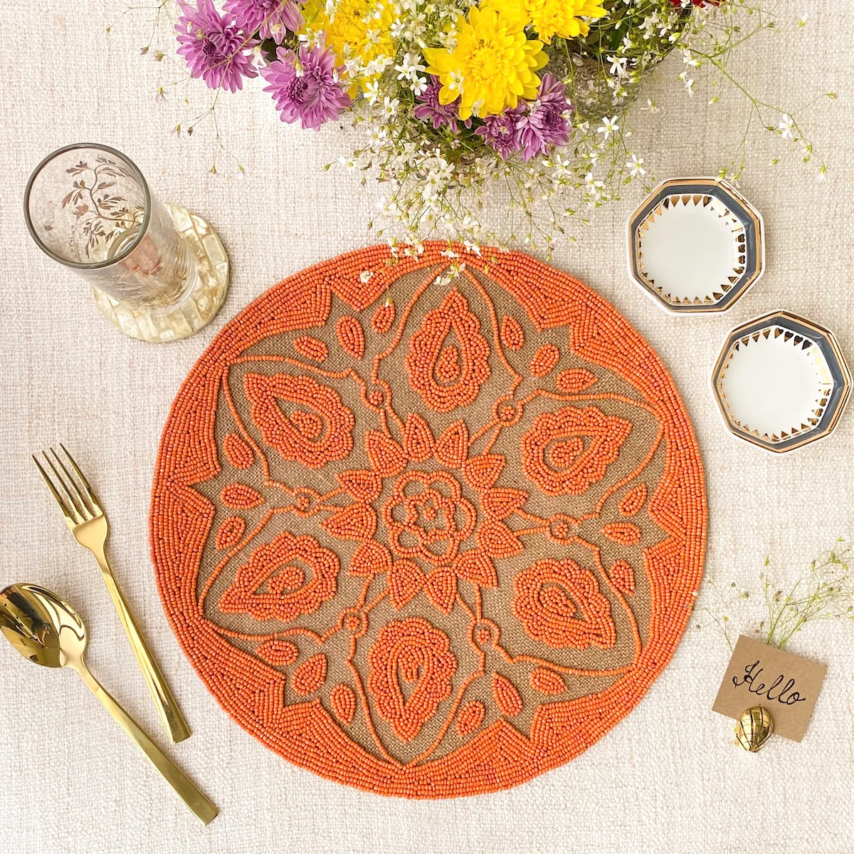 BEADS Mandala Jute Table Mat- Orange - Image 2