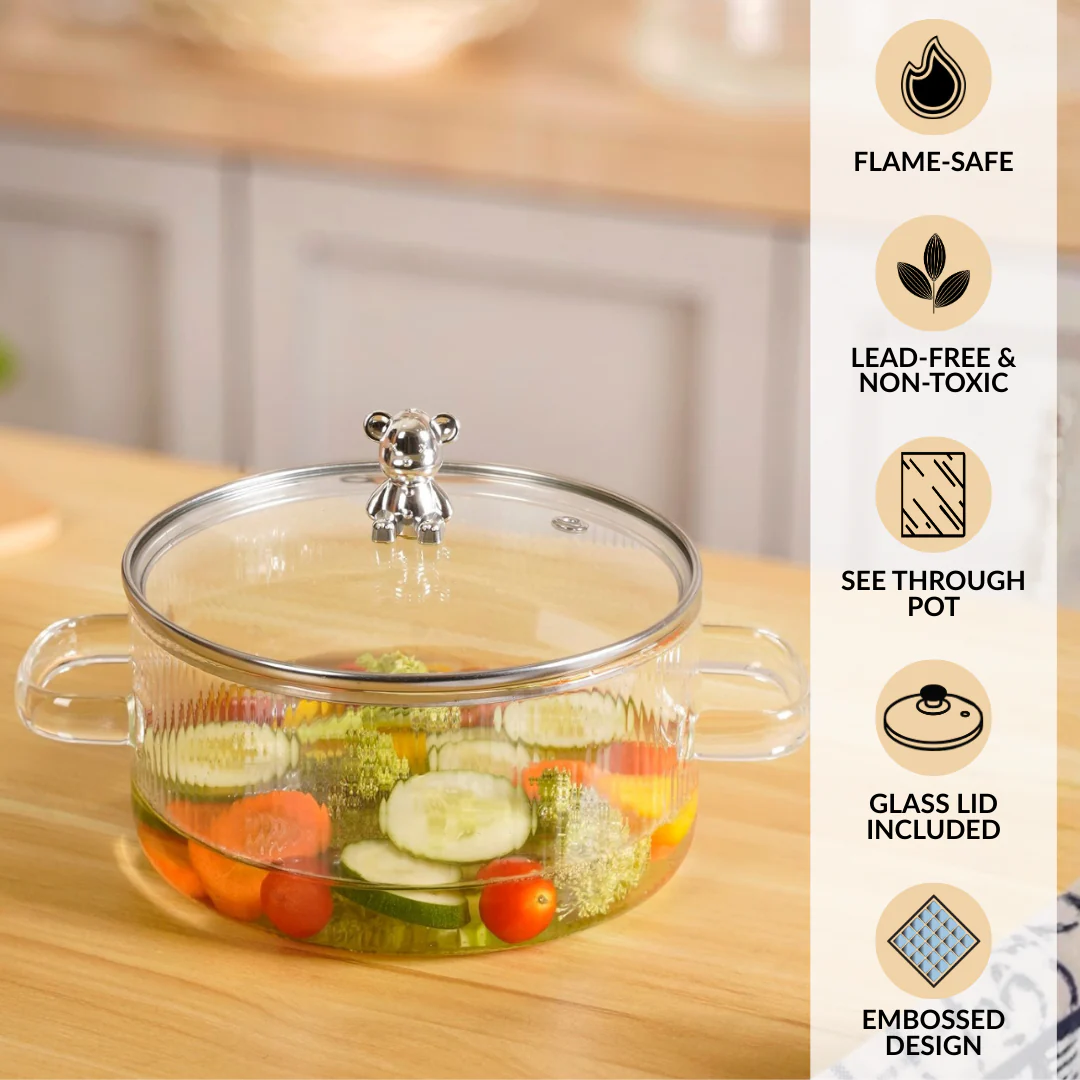Bear Lid Borosilicate Glass Cooking Pot 1600ml
