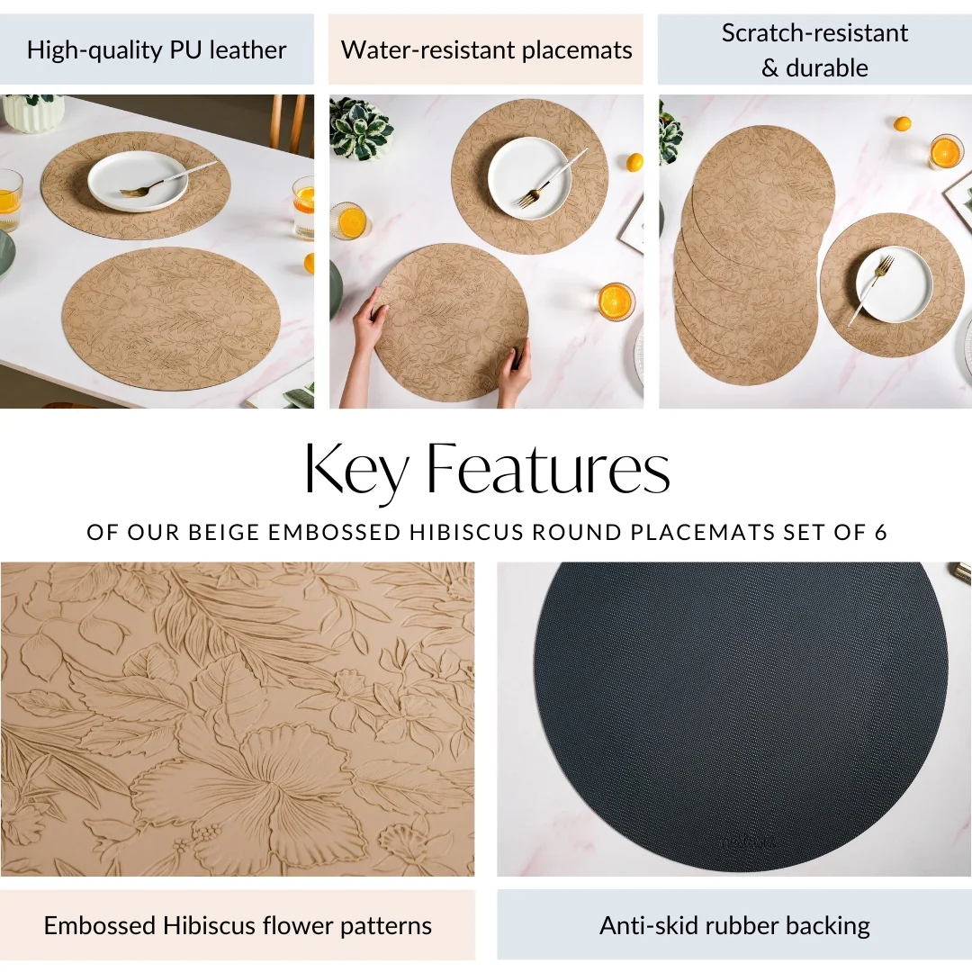 Beige Embossed Hibiscus Round Placemats Set Of 6 - Image 5