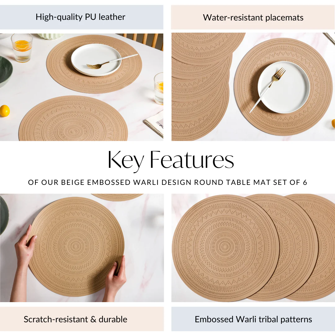 Beige Embossed Warli Design Round Table Mat Set Of 6 - Image 5
