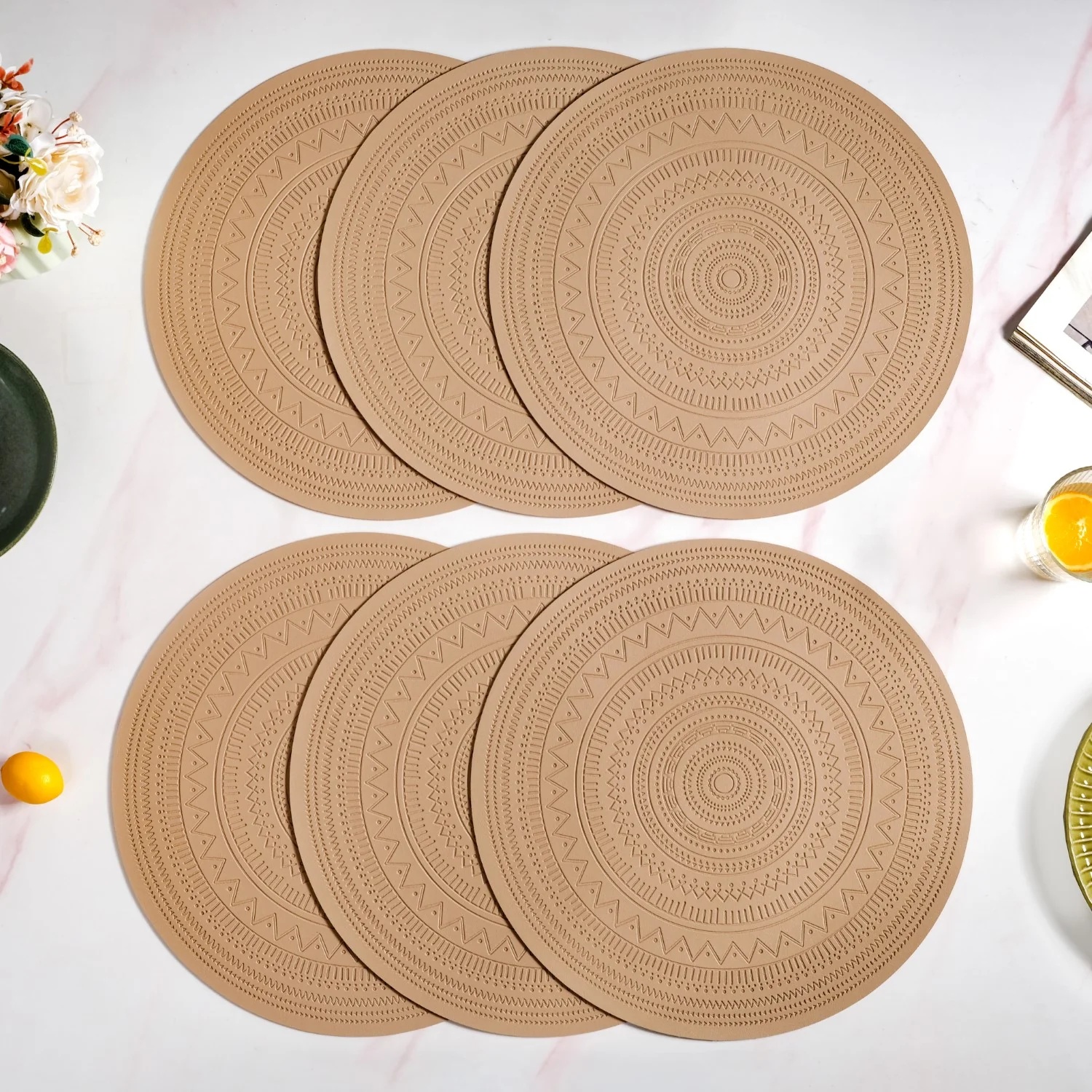 Beige Embossed Warli Design Round Table Mat Set Of 6 - Image 6