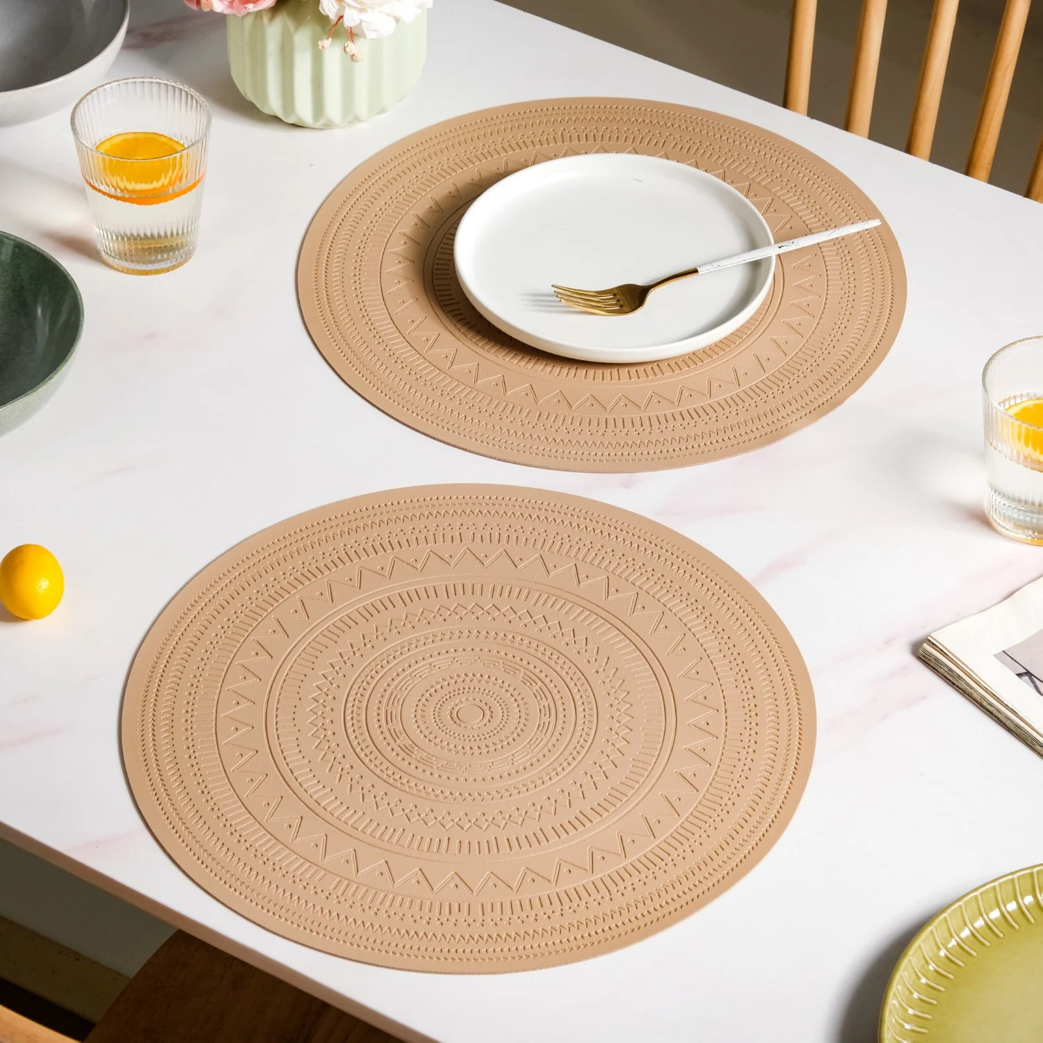 Beige Embossed Warli Design Round Table Mat Set Of 6 - Image 7