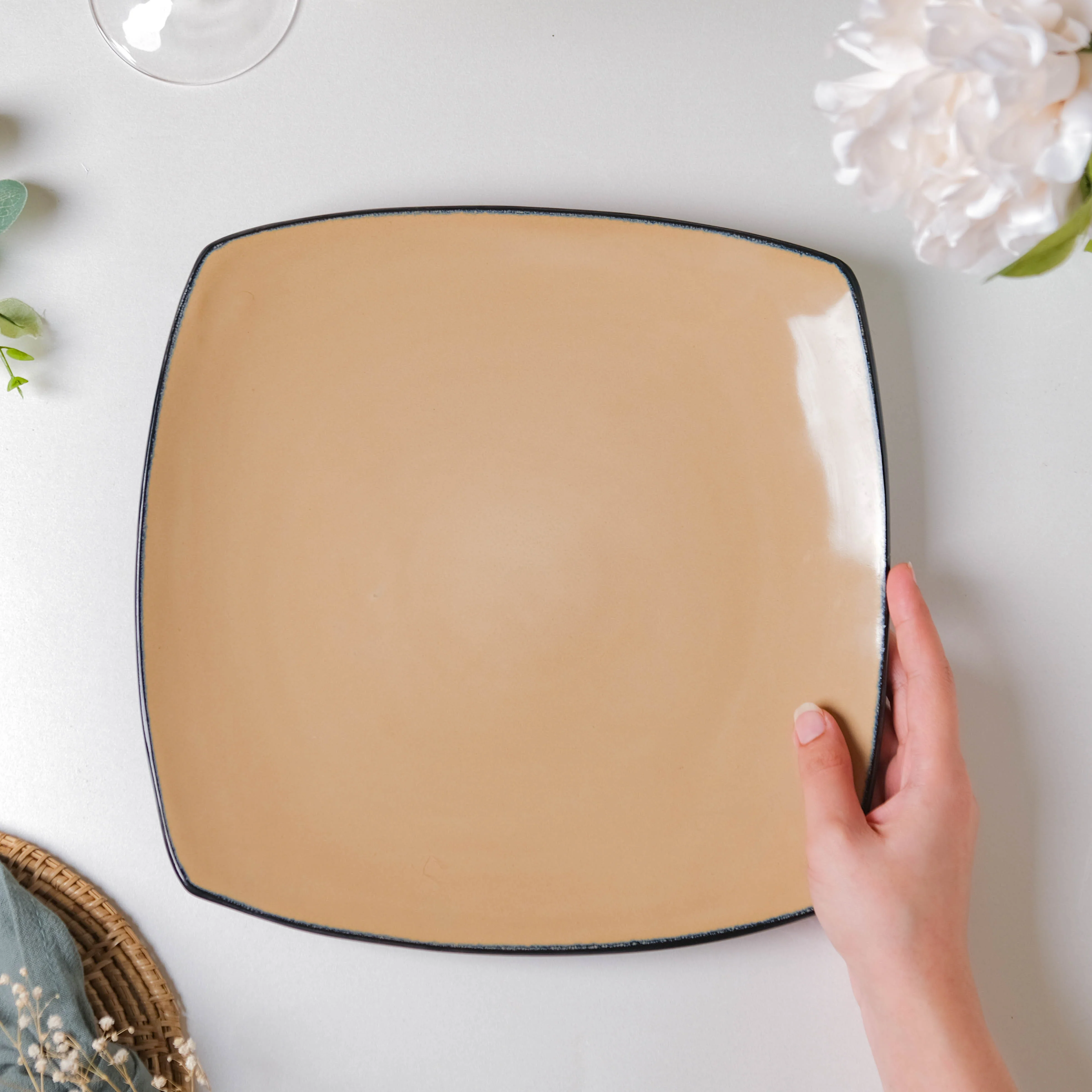 Beige Glossed Blue Rimmed Square Plate 10.5 Inch - Image 2