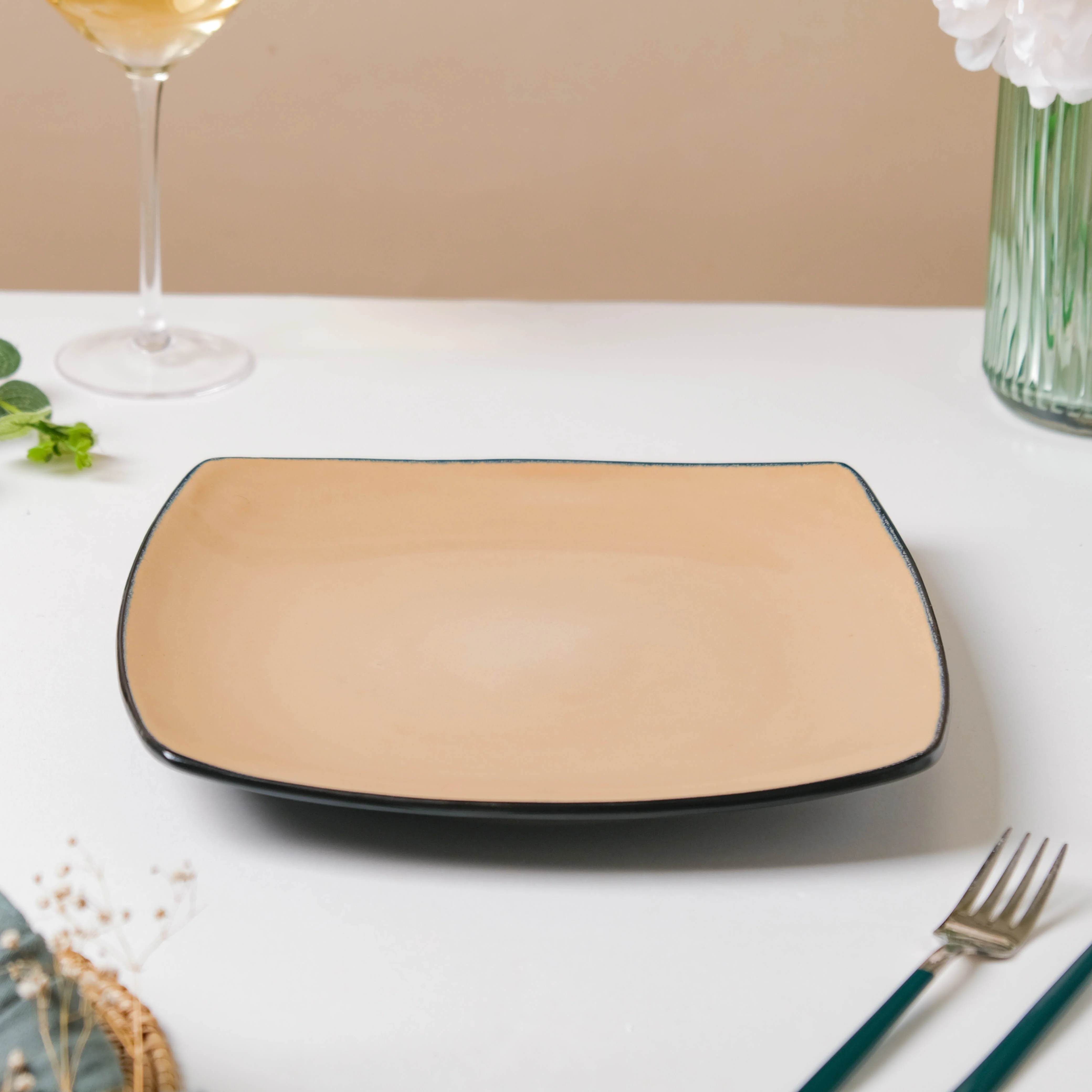 Beige Glossed Blue Rimmed Square Plate 10.5 Inch - Image 5