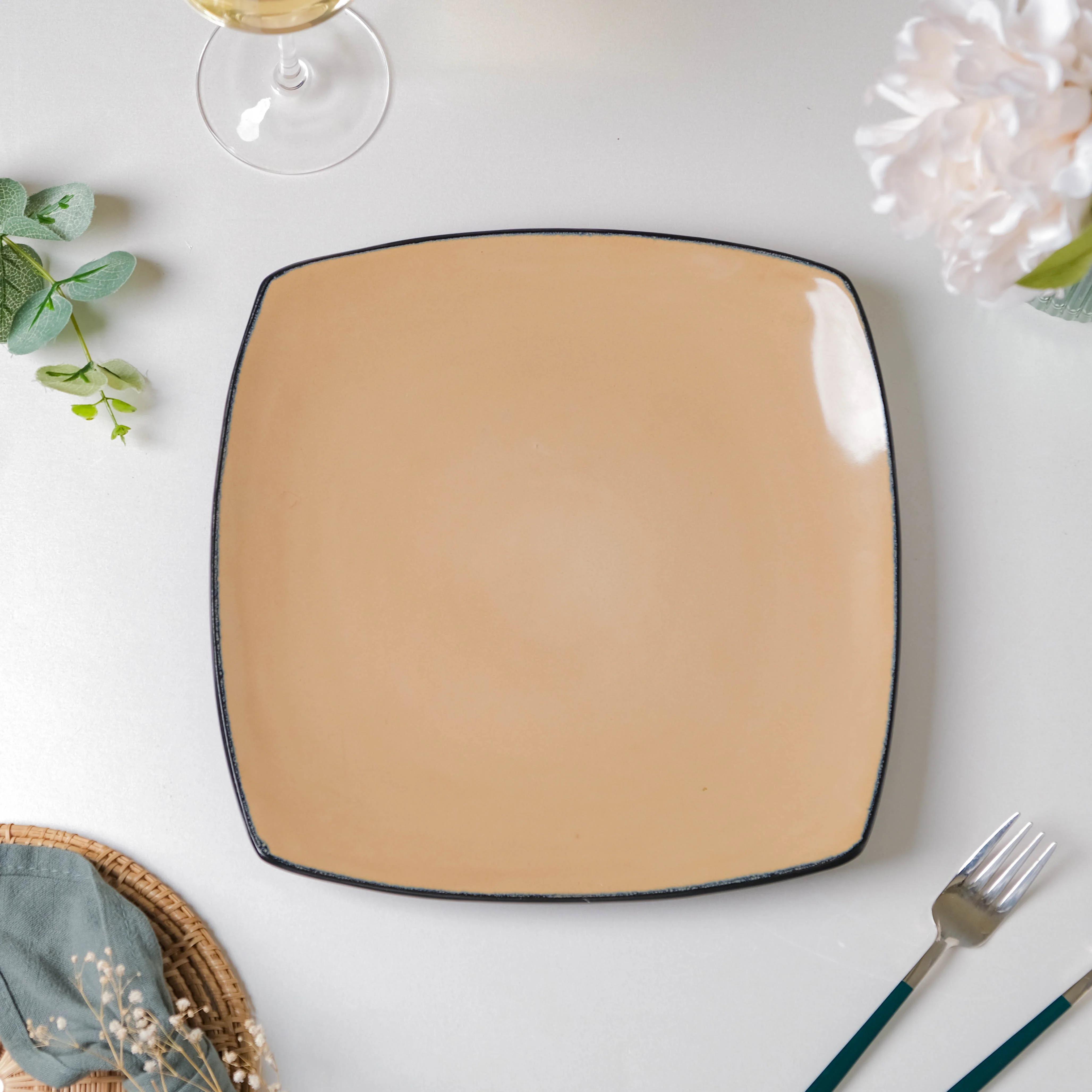 Beige Glossed Blue Rimmed Square Plate 10.5 Inch - Image 6