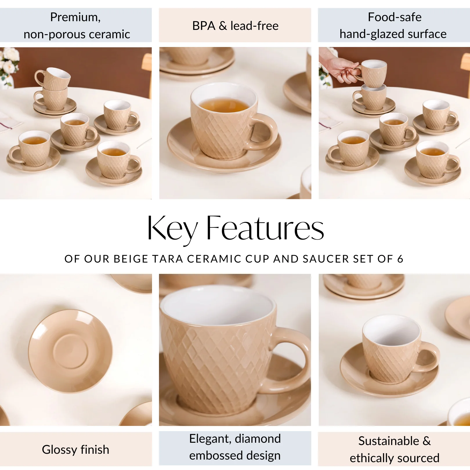 Beige Tara Ceramic Cup And Saucer Set Of 6 225ml - Image 5