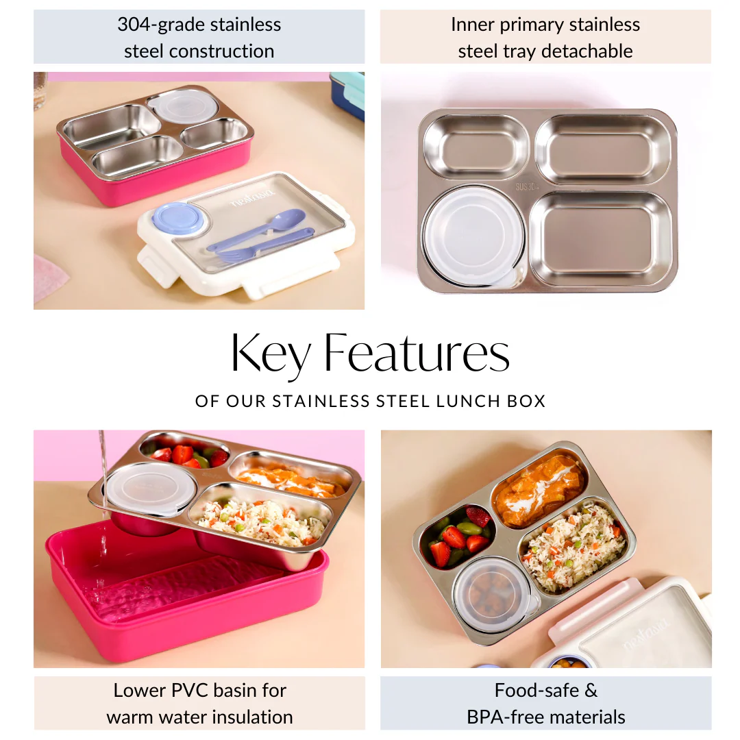 Bento Pink 4 Grid Stainless Steel Lunch Box For Office 950ml - Image 10
