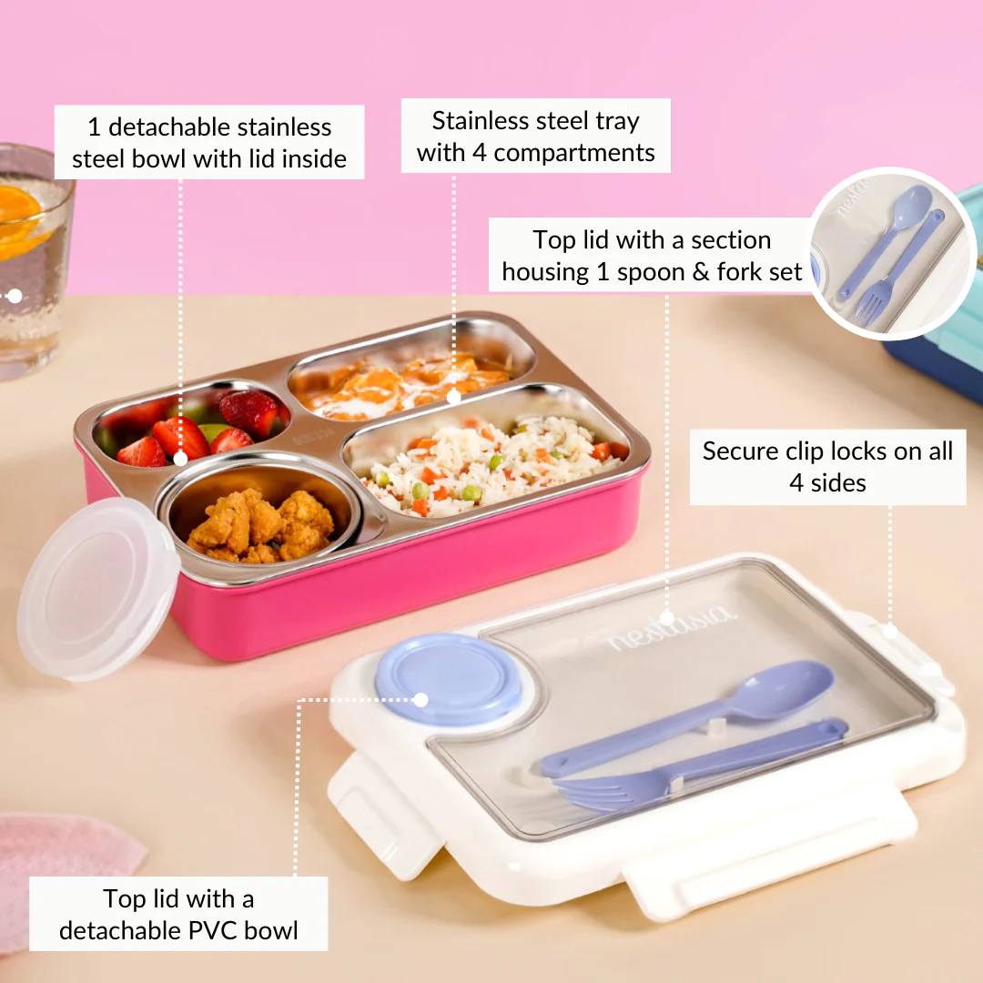 Bento Pink 4 Grid Stainless Steel Lunch Box For Office 950ml - Image 11