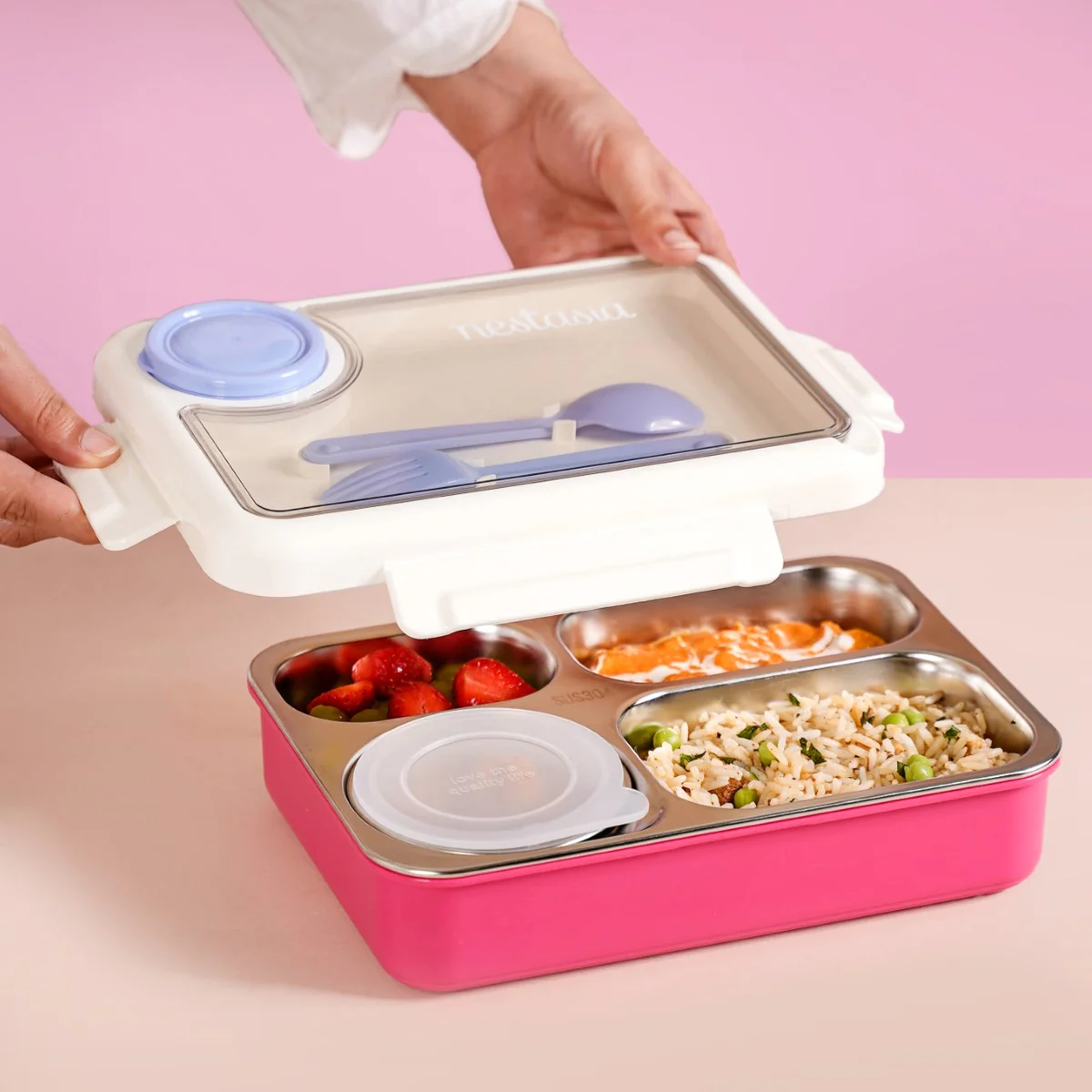 Bento Pink 4 Grid Stainless Steel Lunch Box For Office 950ml - Image 24