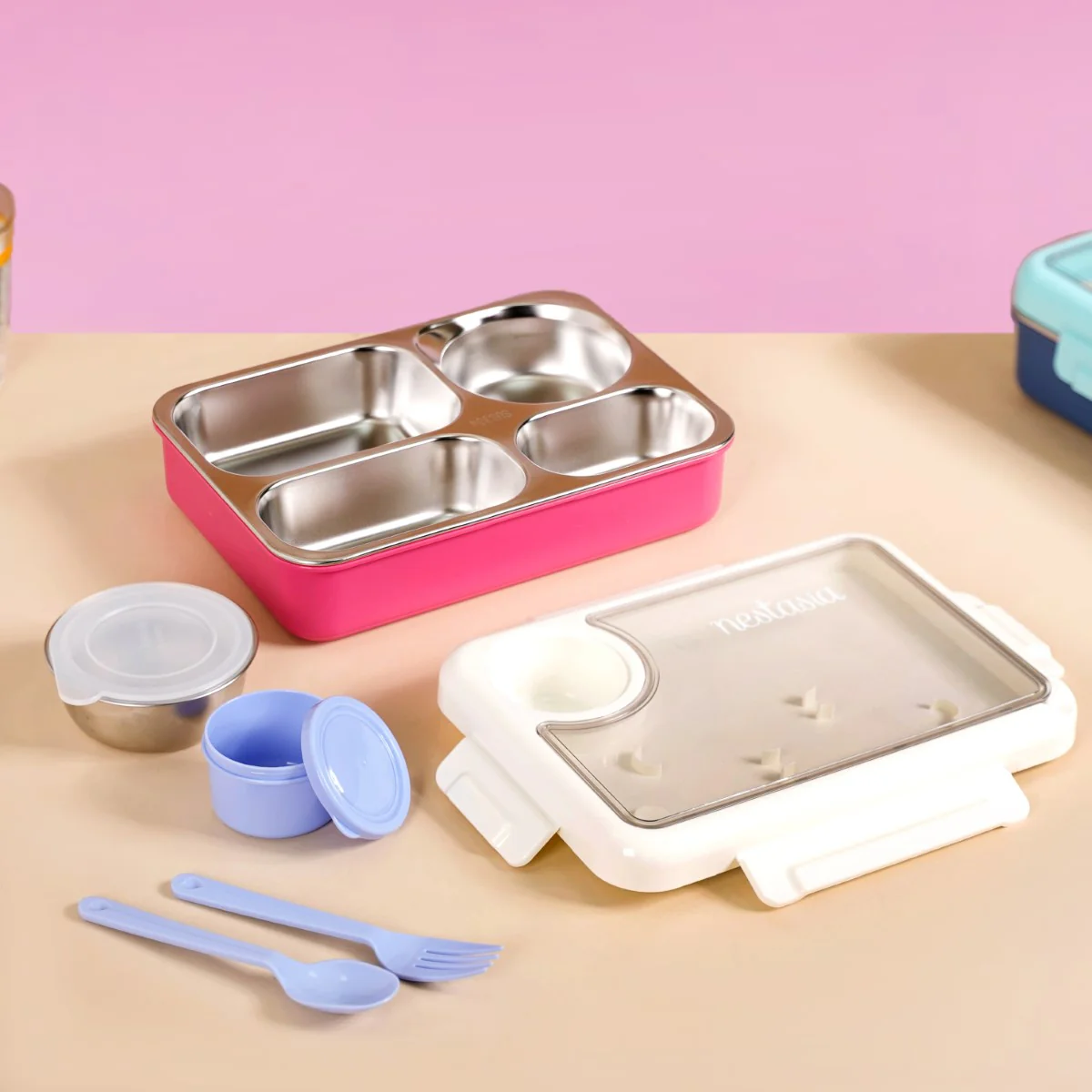 Bento Pink 4 Grid Stainless Steel Lunch Box For Office 950ml - Image 3