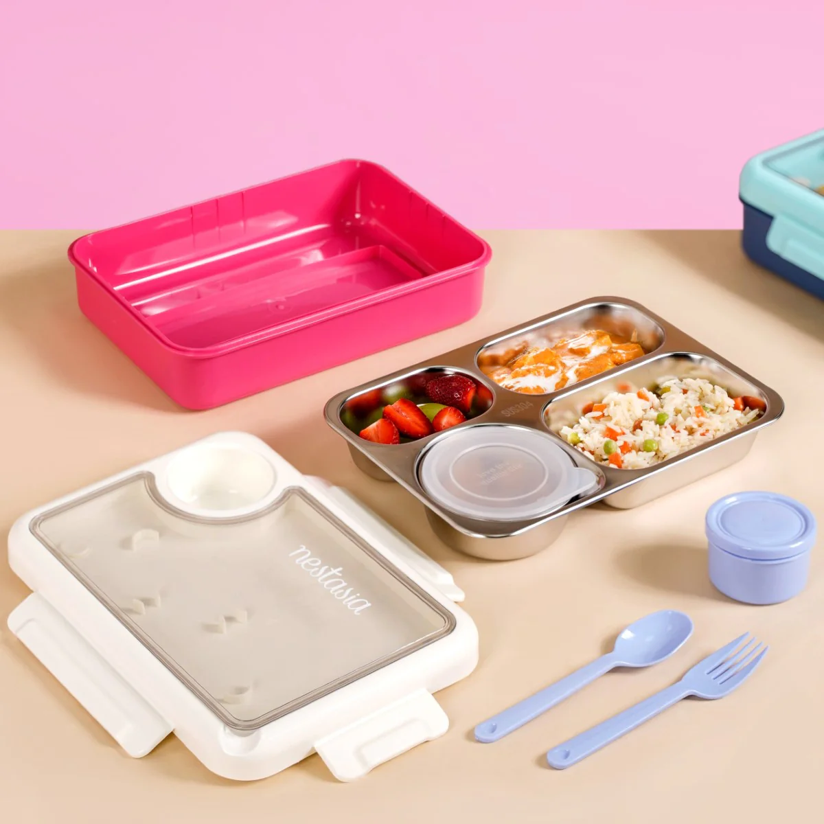 Bento Pink 4 Grid Stainless Steel Lunch Box For Office 950ml - Image 9