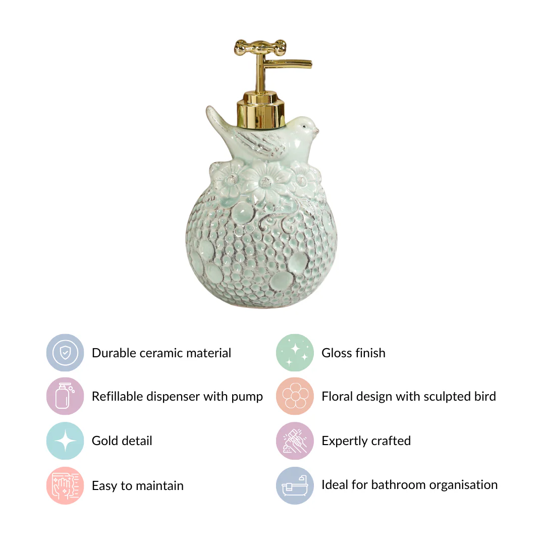 Bird Ceramic Embossed Liquid Soap Dispenser Pastel Green - Image 4