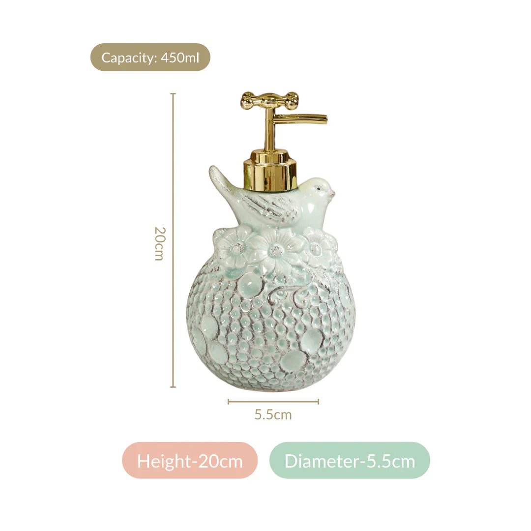 Bird Ceramic Embossed Liquid Soap Dispenser Pastel Green - Image 5