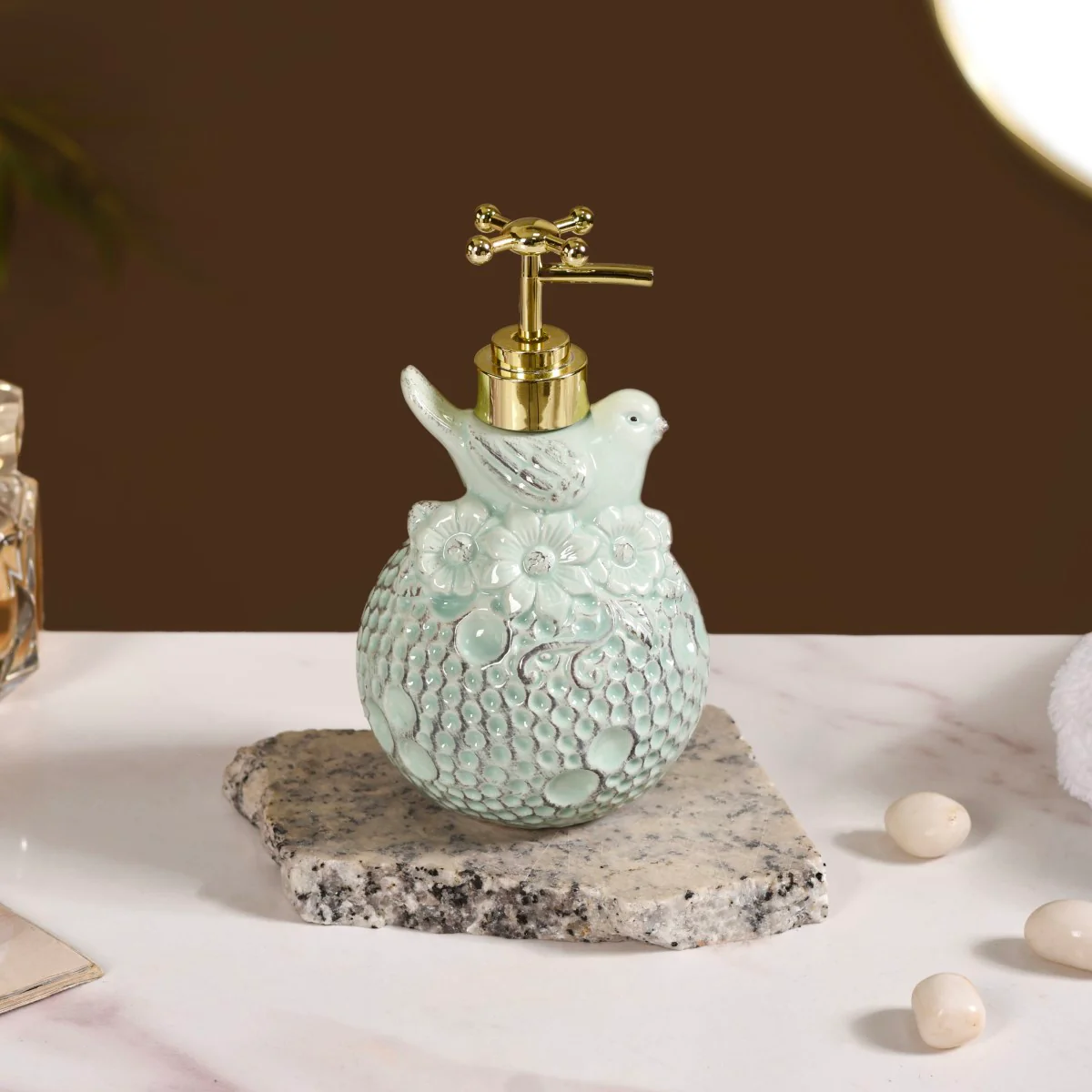 Bird Ceramic Embossed Liquid Soap Dispenser Pastel Green - Image 6