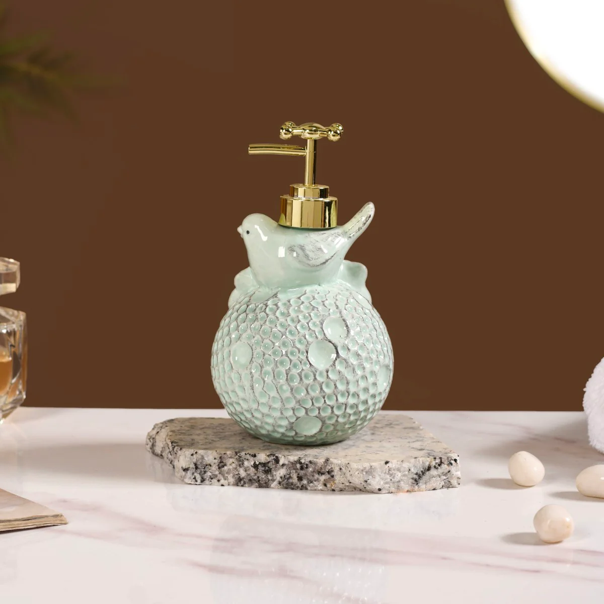 Bird Ceramic Embossed Liquid Soap Dispenser Pastel Green - Image 8