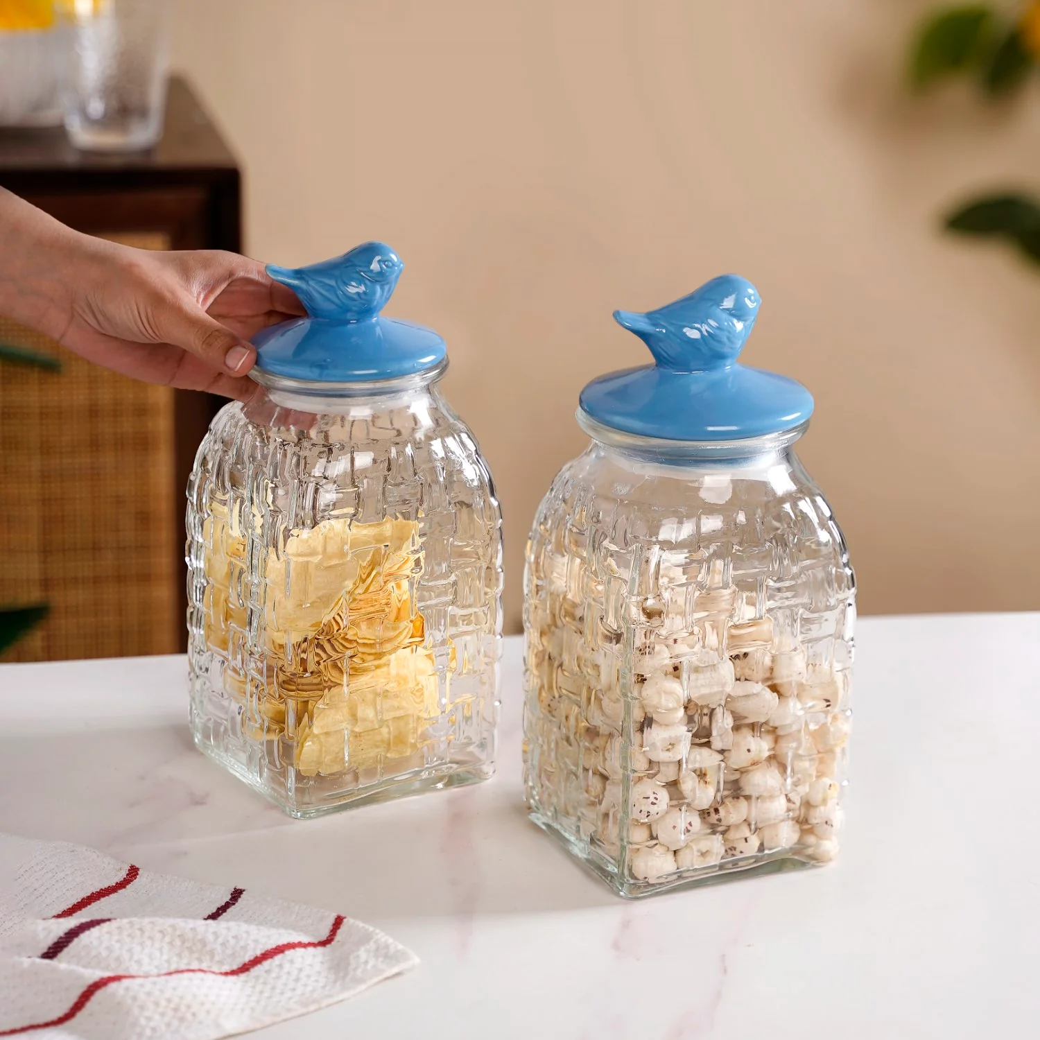Bird Glass Jar With Blue Ceramic Lid Set Of 2 1500ml - Image 3