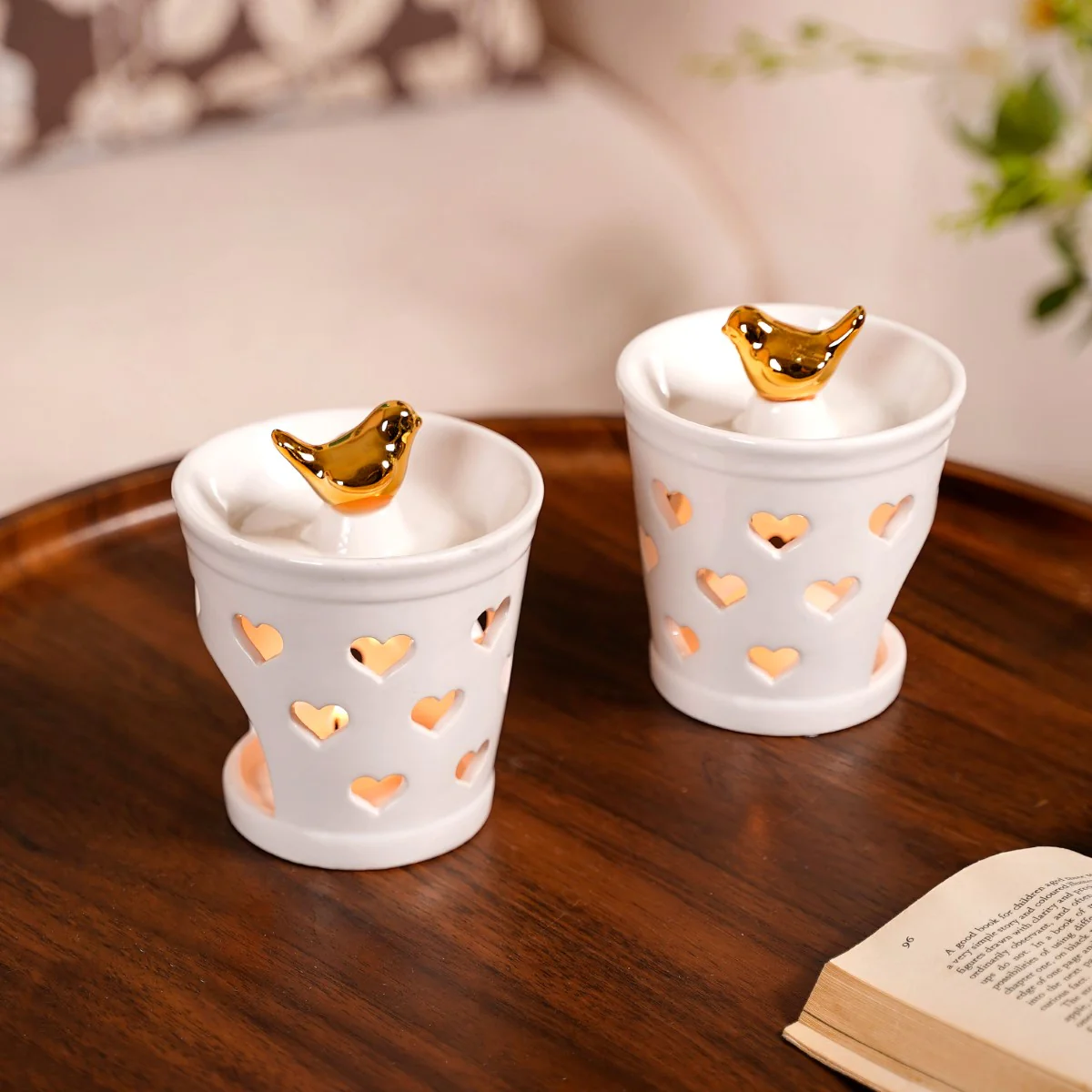 Bird Topped Heart Cutwork Aroma Diffuser Set Of 2 White