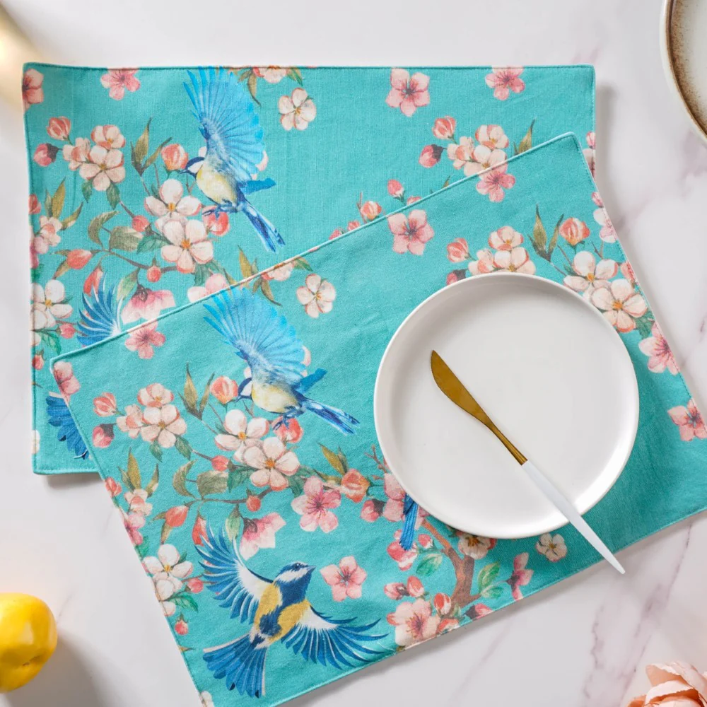 Birds Blossoms Cotton Printed Table Mat Blue Set Of 2 - Image 7