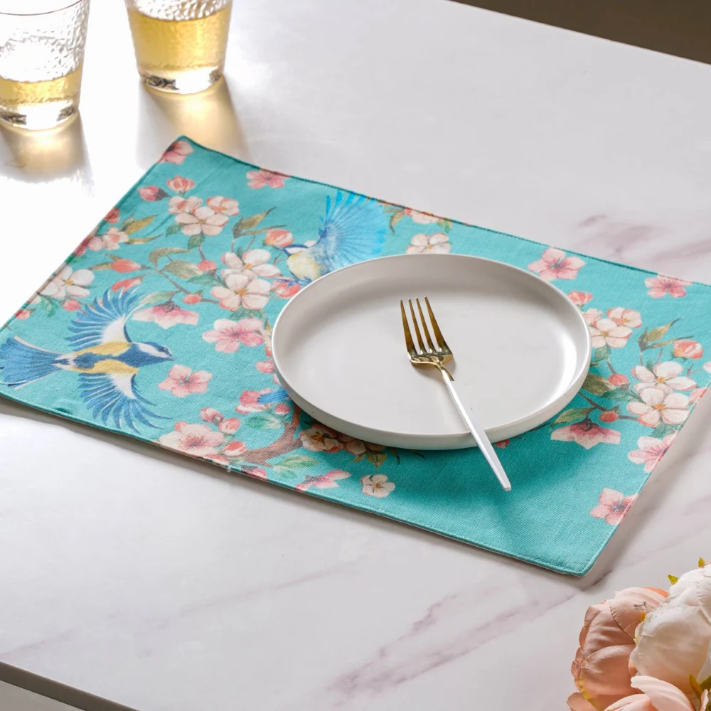 Birds Blossoms Cotton Printed Table Mat Blue Set Of 2 - Image 9