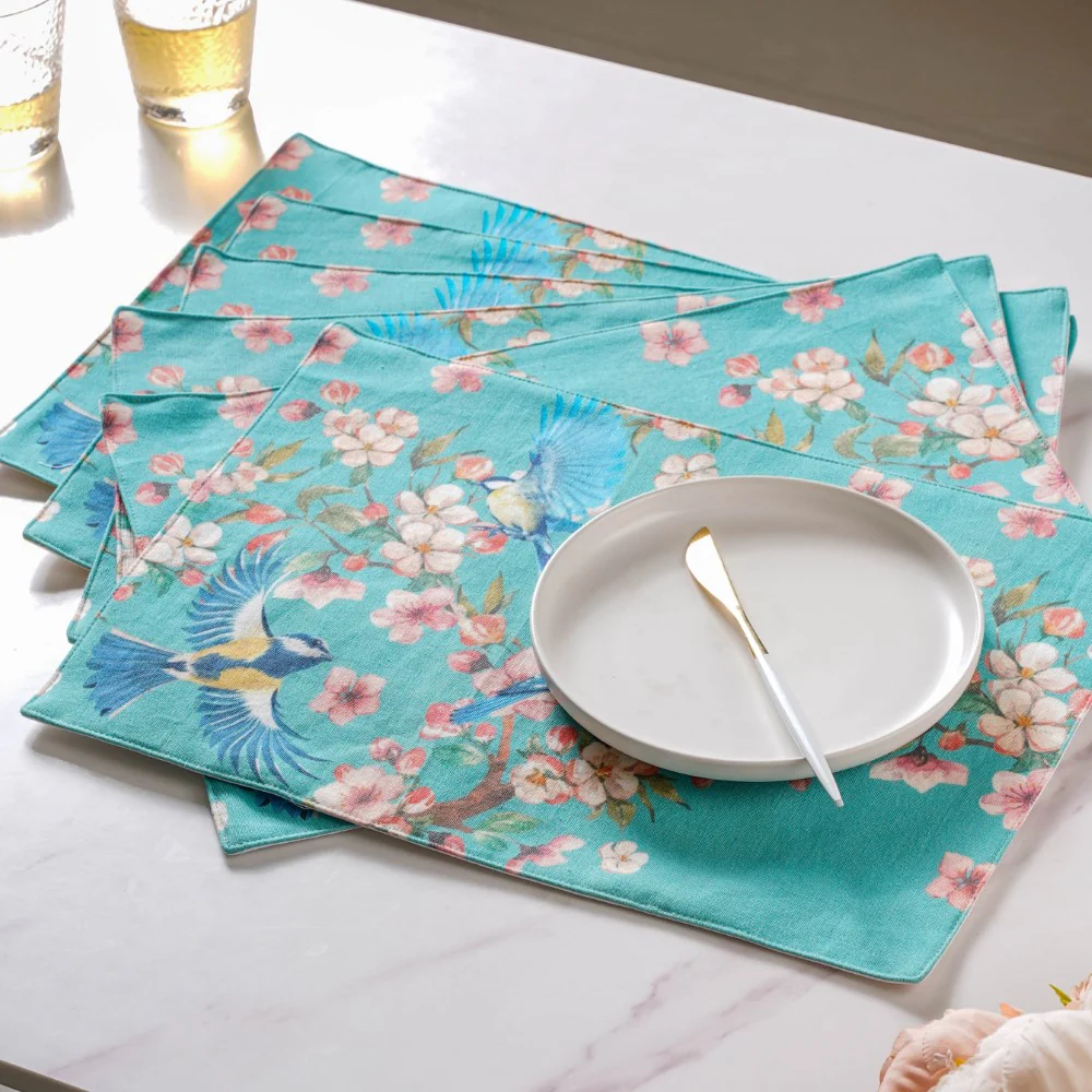 Birds Blossoms Cotton Printed Table Mat Blue Set Of 6 - Image 6