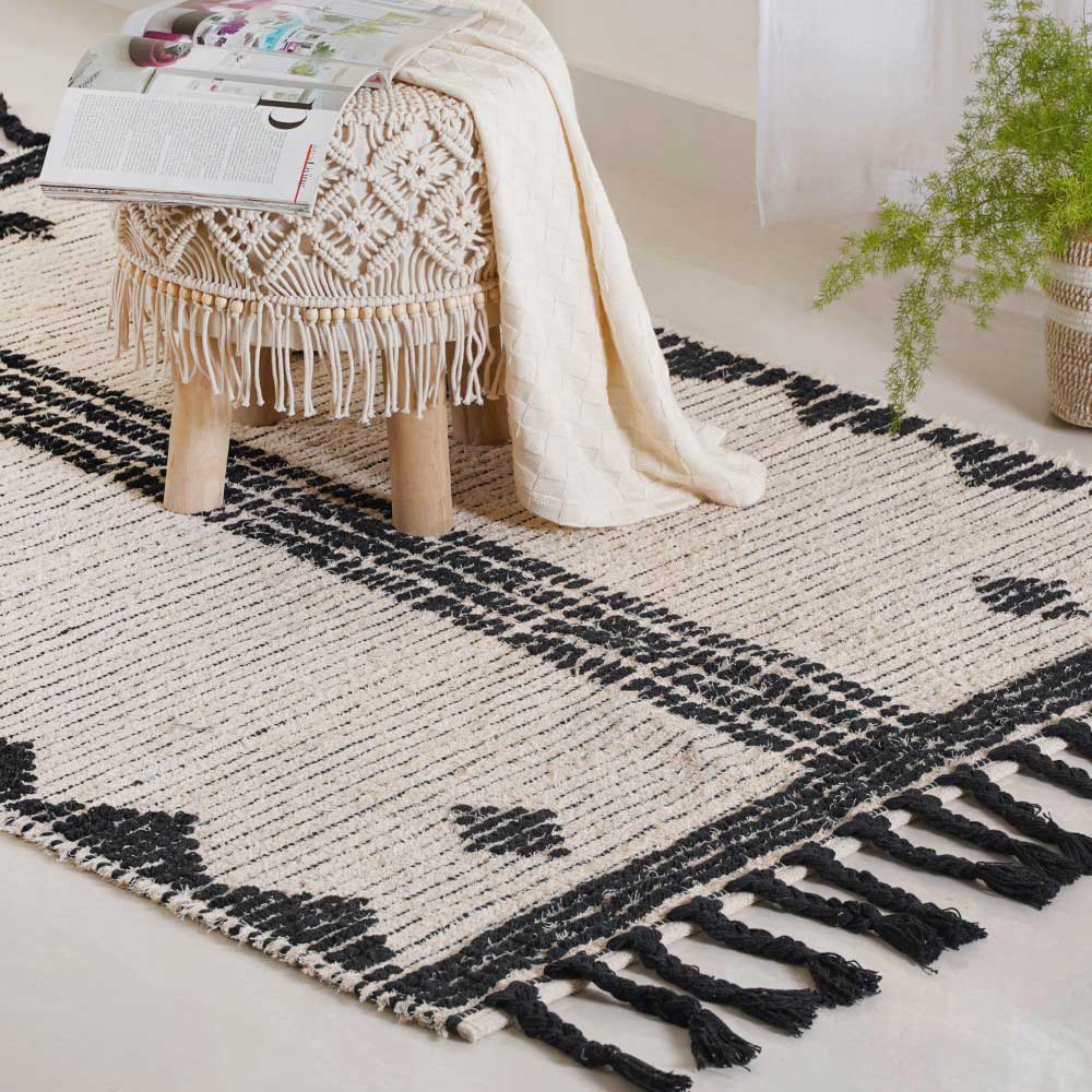 Black and Beige Hand Woven Carpet for Living Room - Image 10