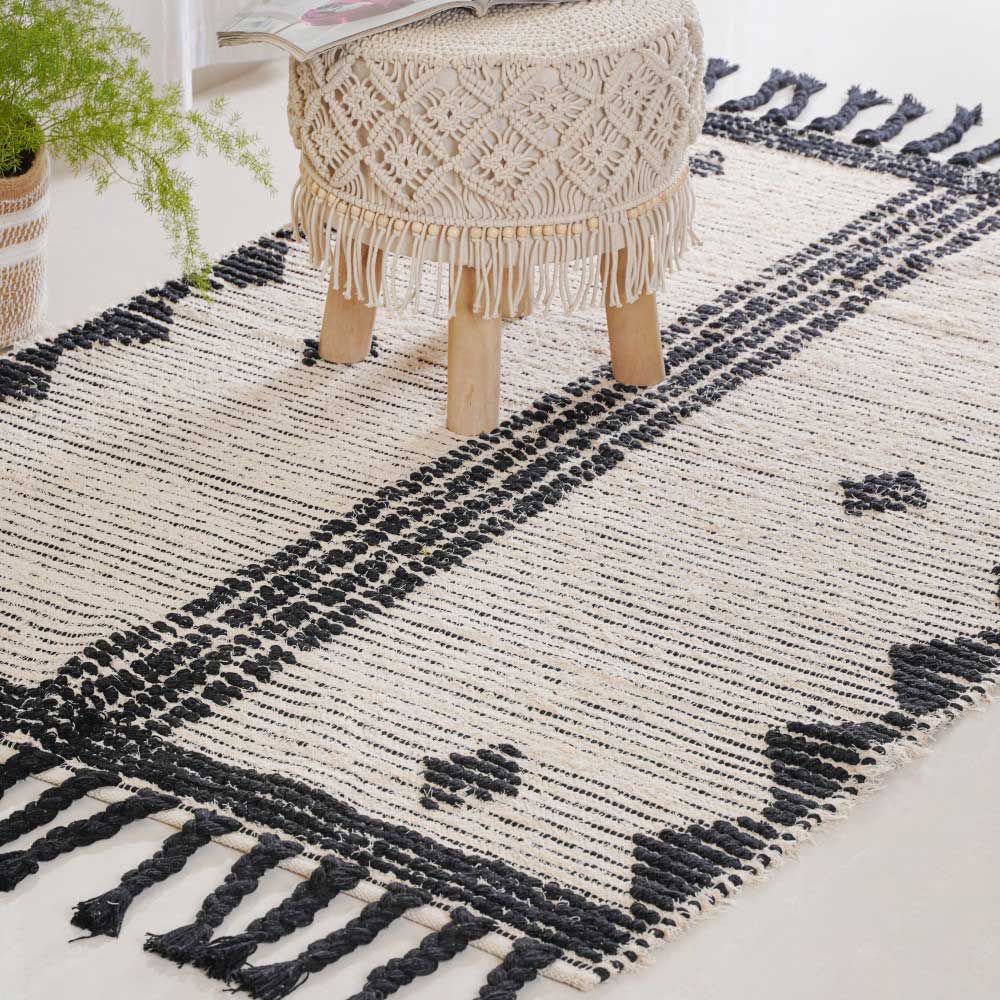 Black and Beige Hand Woven Carpet for Living Room - Image 7