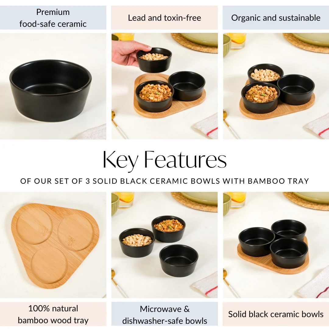 Black Ceramic Bowls Set Of 3 With Bamboo Tray 200ml - Image 5