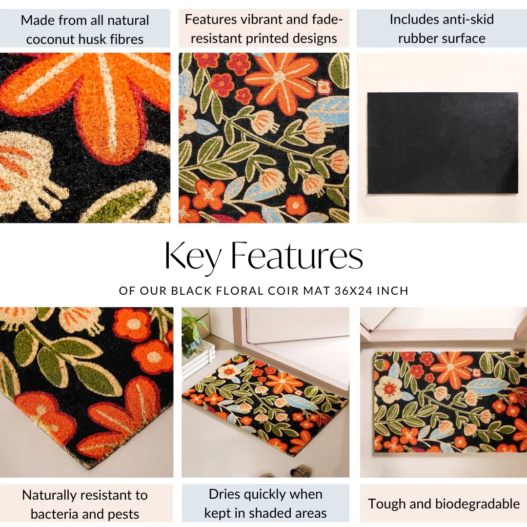 Black Floral Coir Mat 36x24 Inch - Image 5