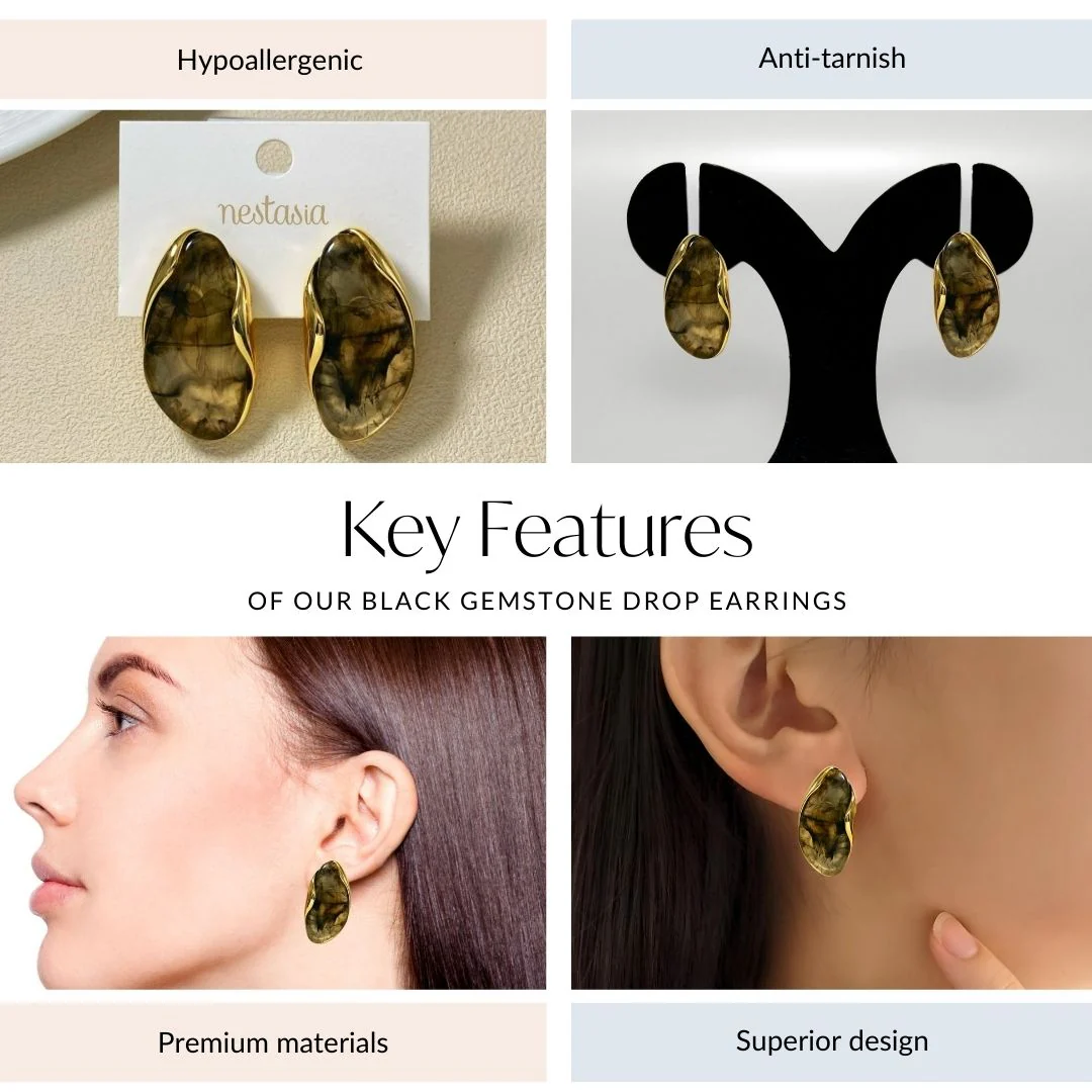 Black Gemstone Drop Earrings - Image 4
