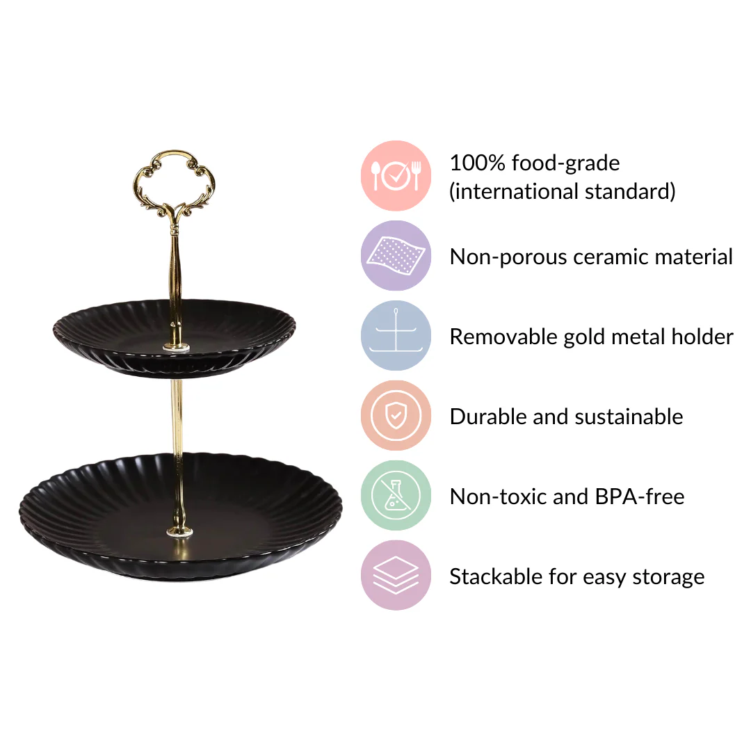 Black Gold 2-Tier Ceramic Cupcake Stand - Image 4