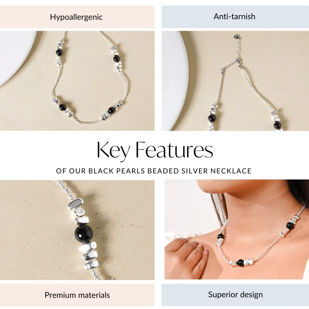 Black Pearls Beaded Silver Necklace - Image 4
