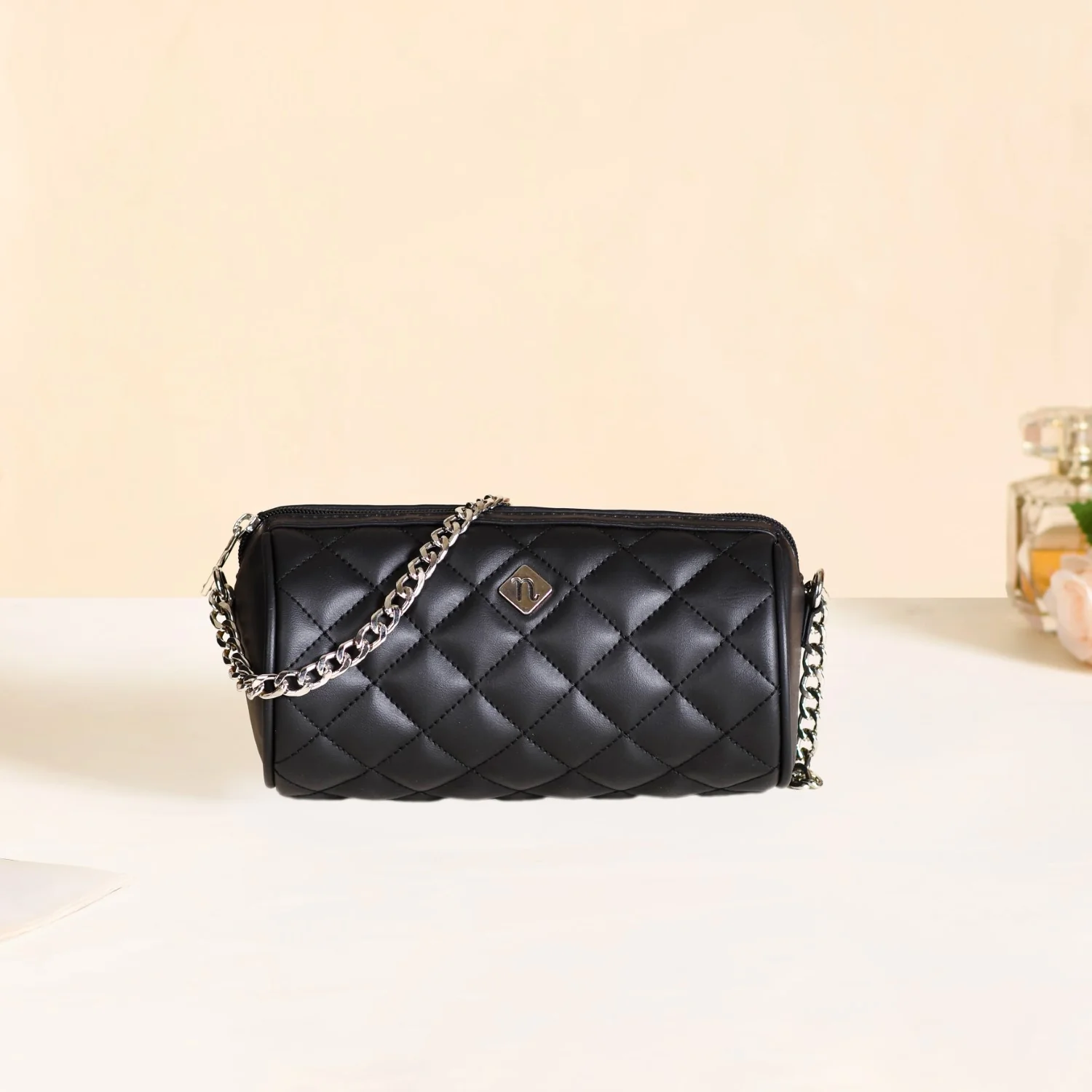 Black Quilted Mini Barrel Bag - Image 12