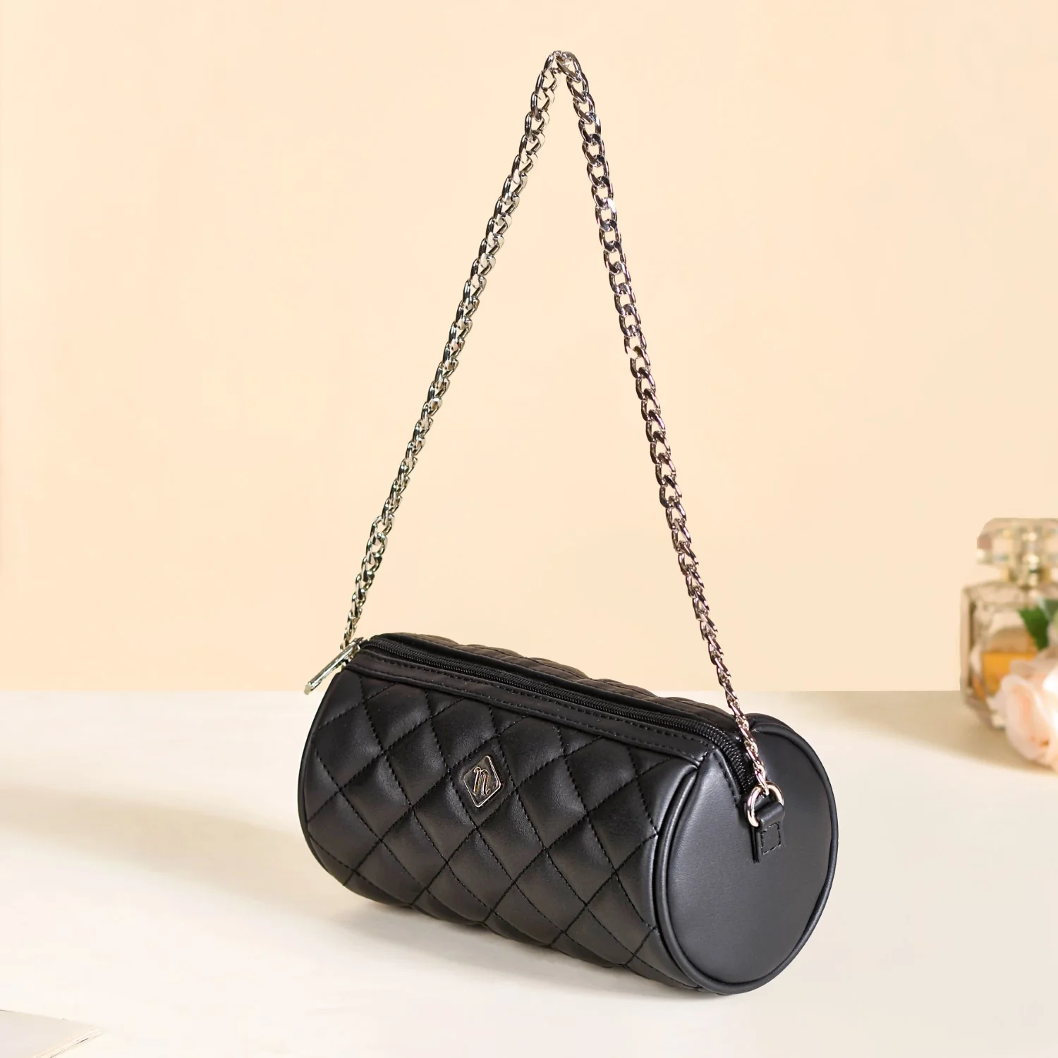 Black Quilted Mini Barrel Bag - Image 8