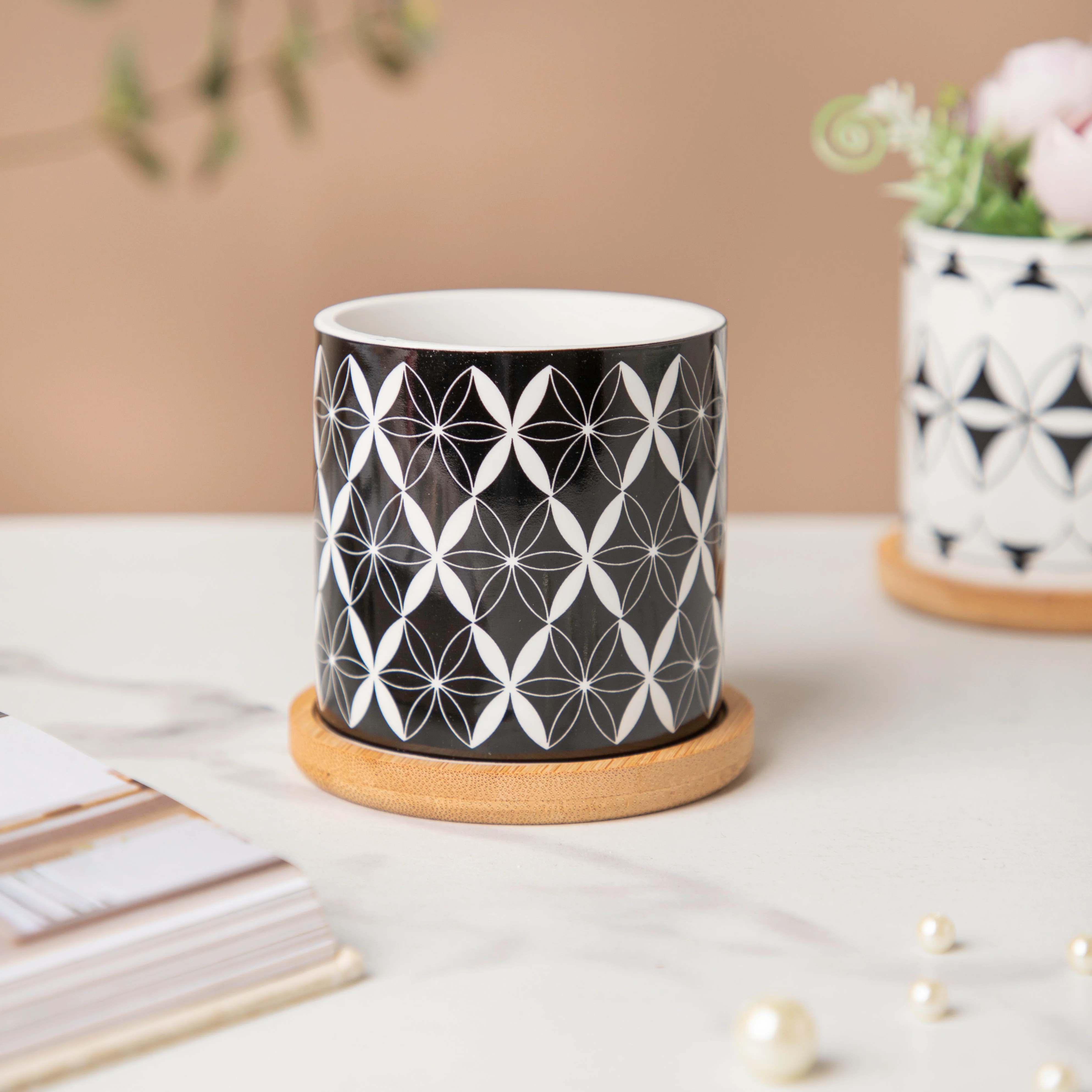Black & White Medley Ceramic Planter With Coaster Set Of 8 - Image 2