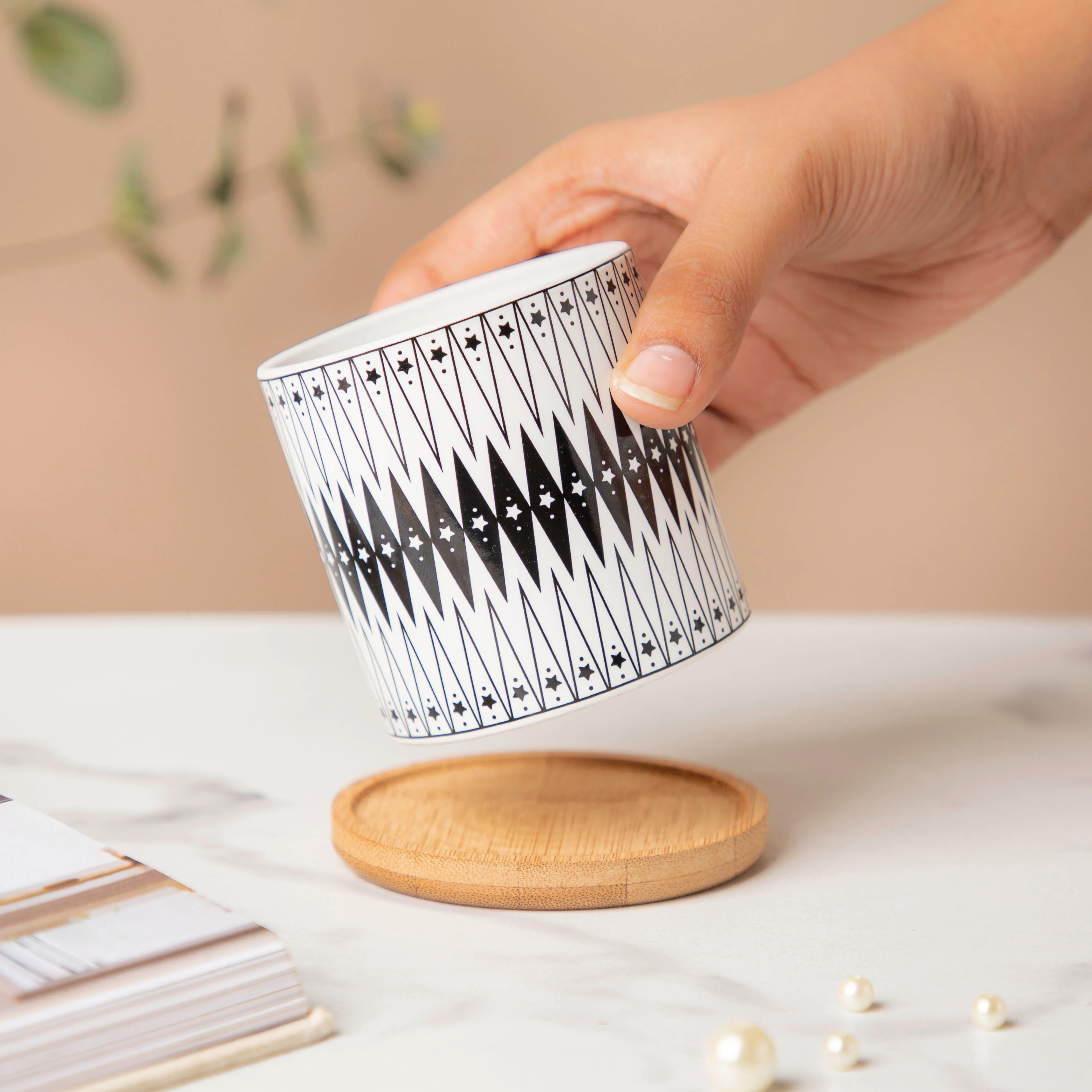 Black & White Medley Ceramic Planter With Coaster Set Of 8 - Image 3