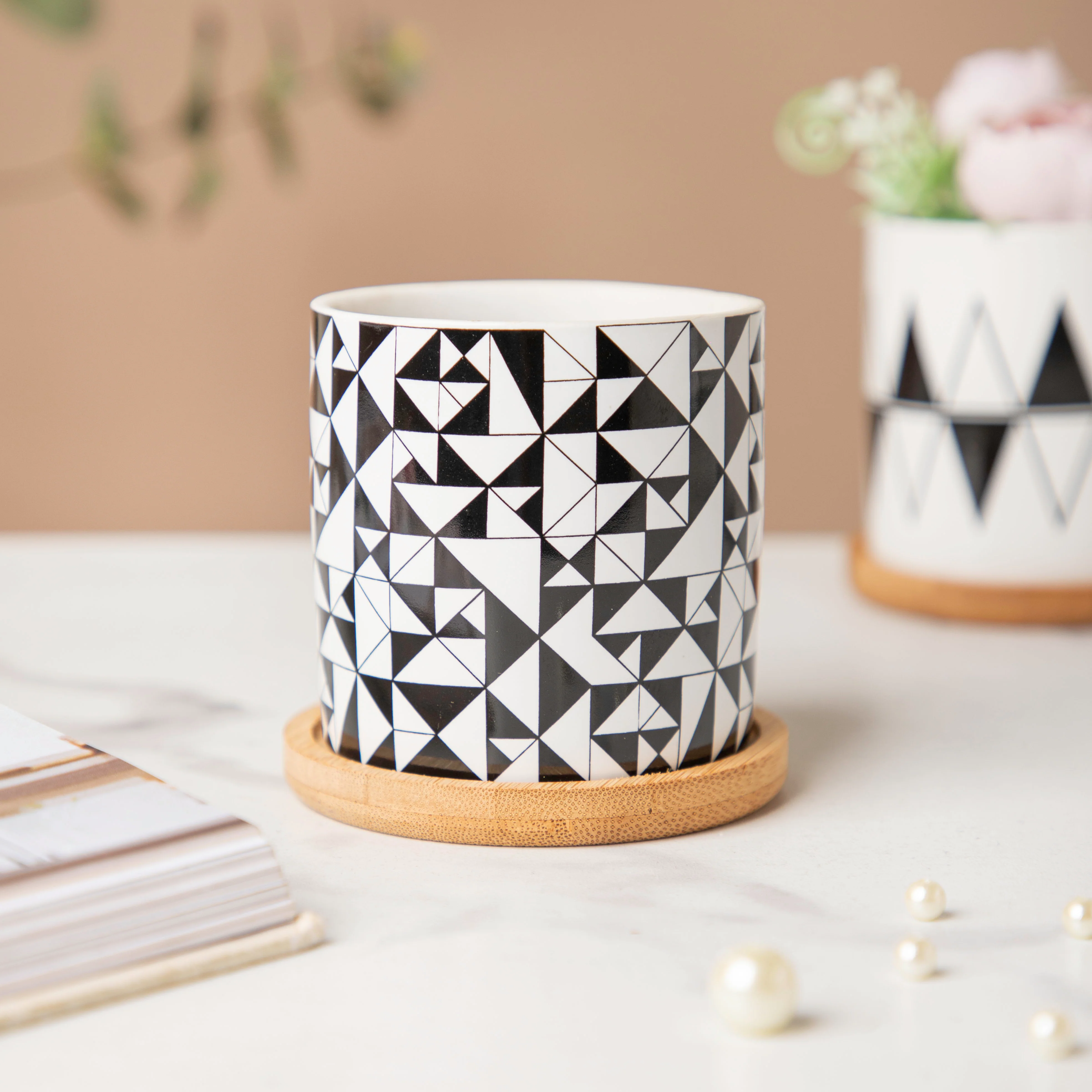 Black & White Medley Ceramic Planter With Coaster Set Of 8 - Image 4