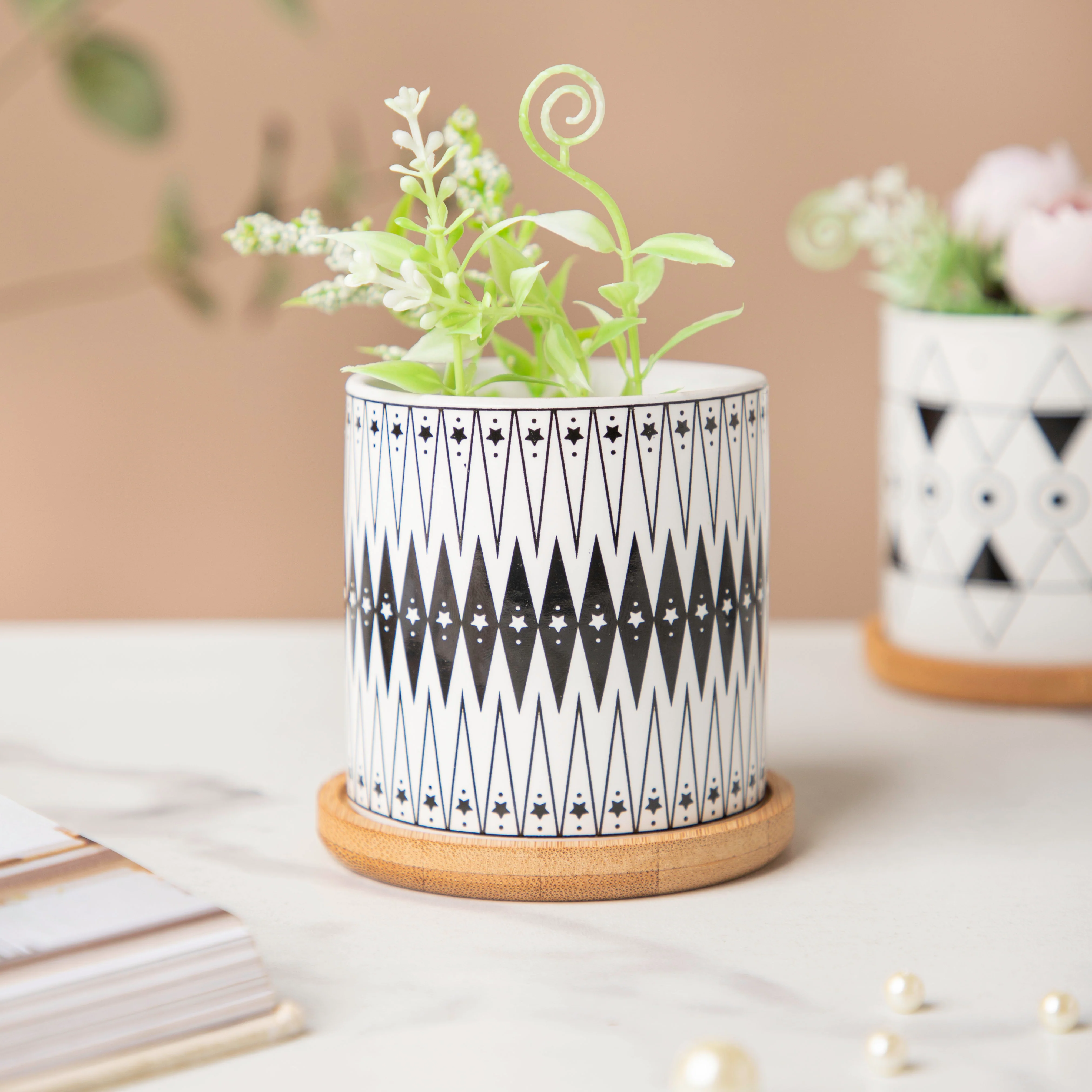 Black & White Medley Ceramic Planter With Coaster Set Of 8 - Image 6