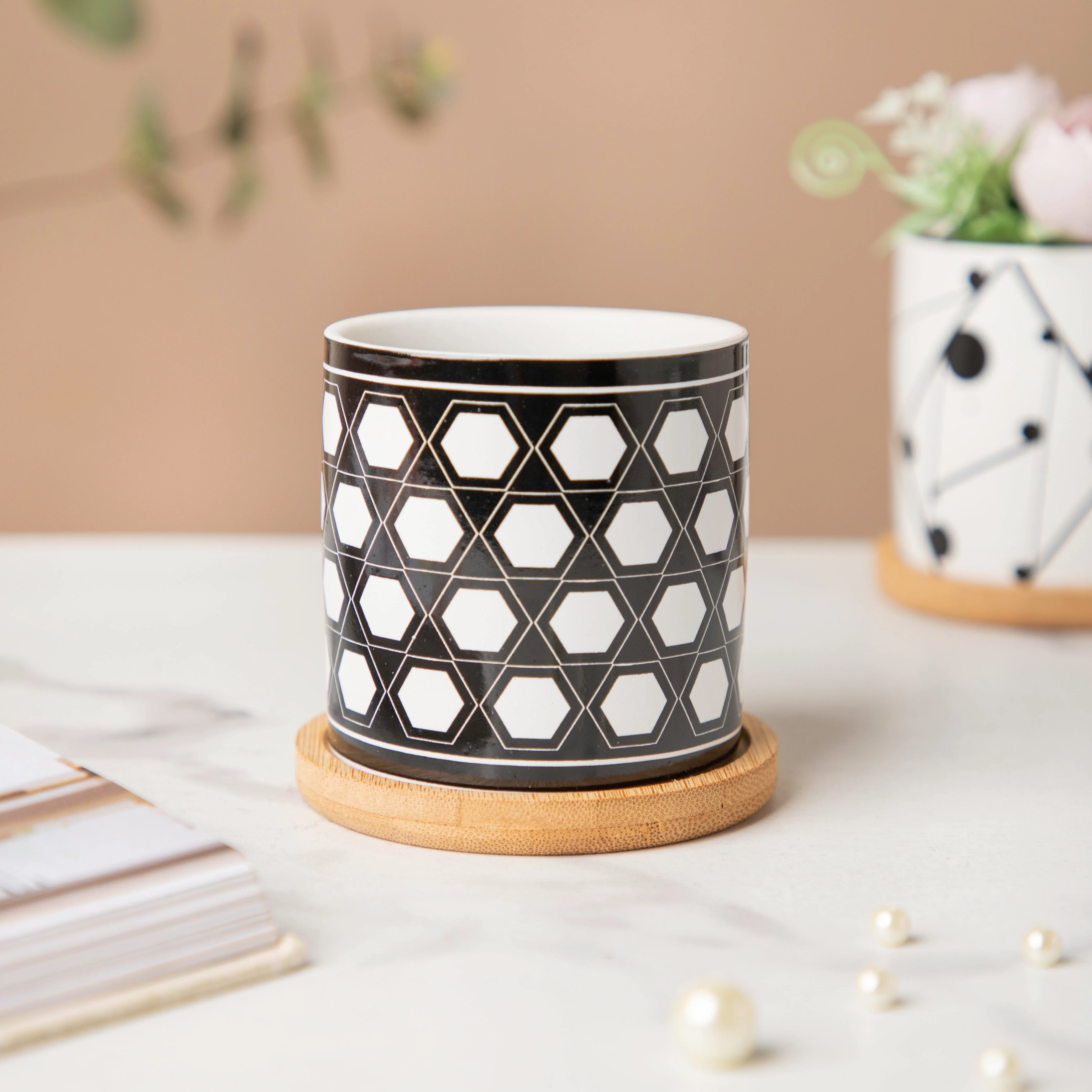Black & White Medley Ceramic Planter With Coaster Set Of 8 - Image 8