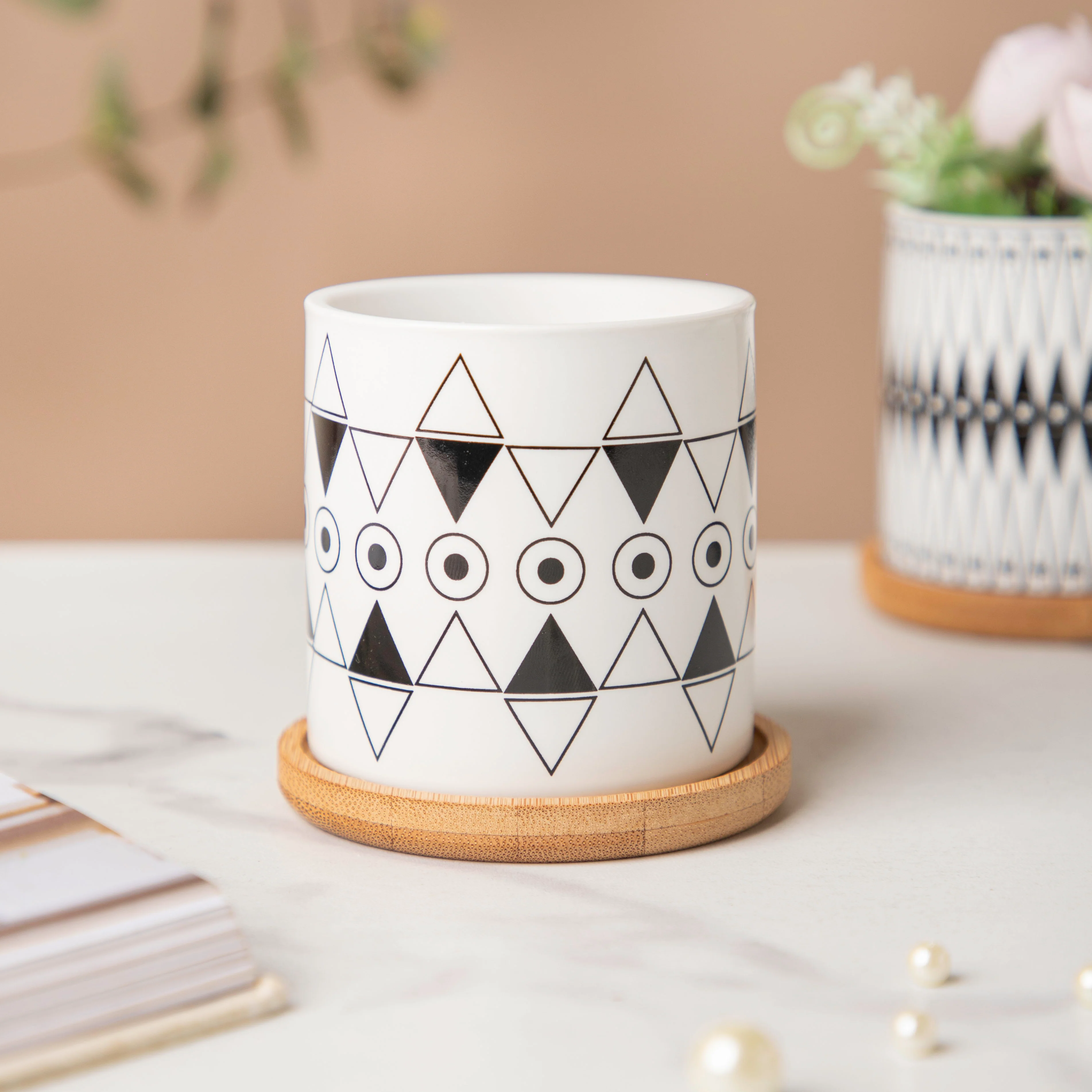 Black & White Medley Ceramic Planter With Coaster Set Of 8 - Image 9