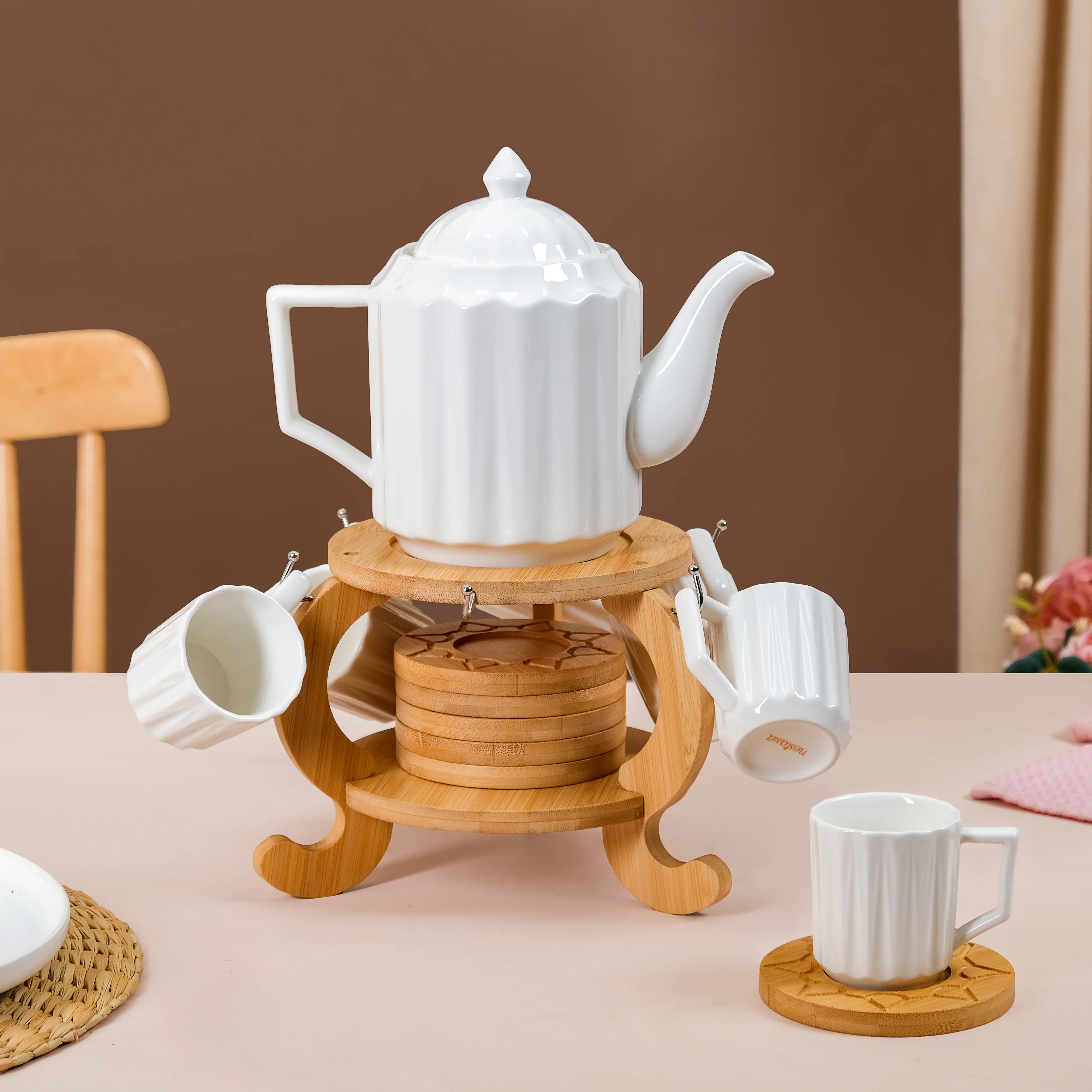 Blanca Fluted Ceramic Tea Set With 6 Cups Kettle And Wooden Stand - Image 5