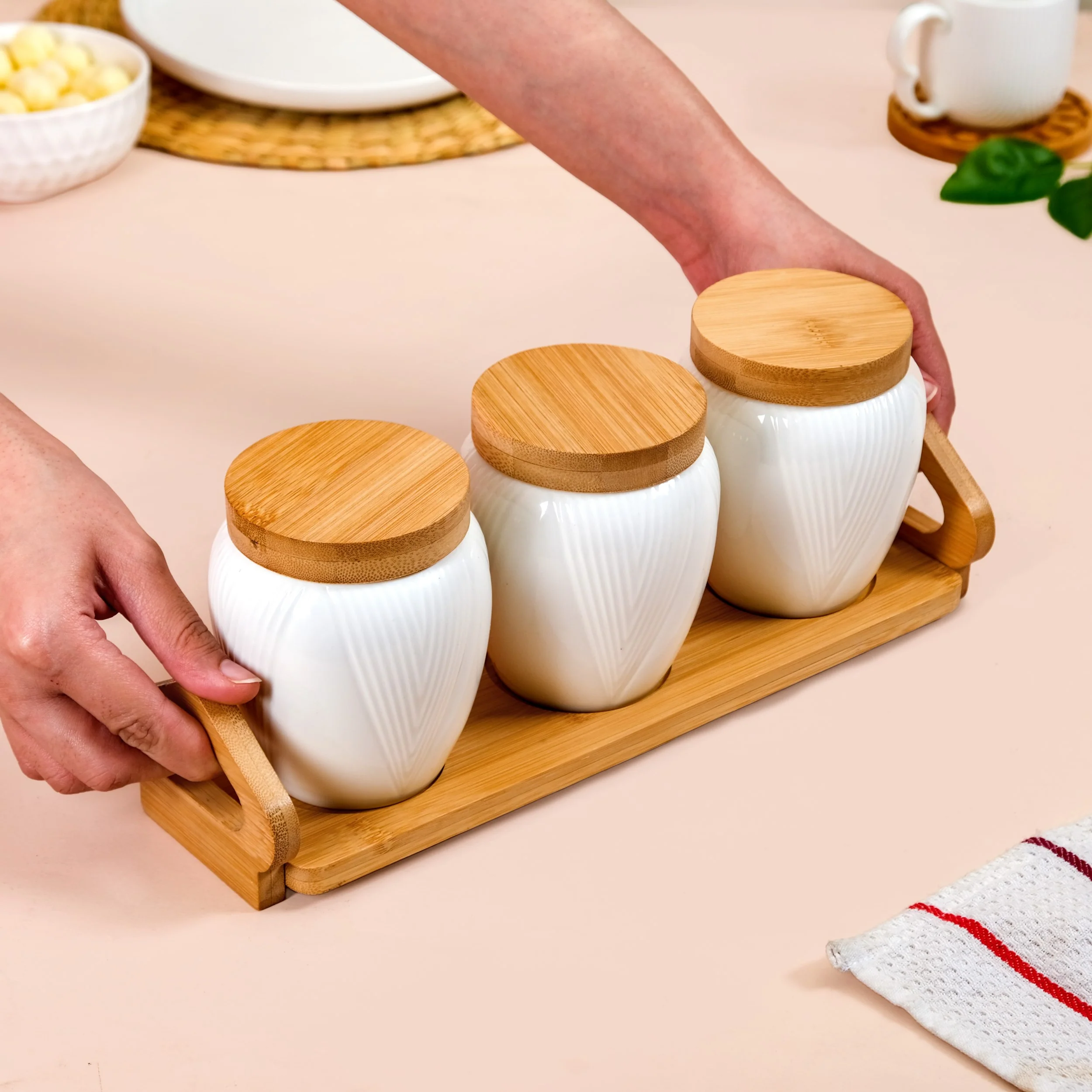 Blanca Set Of 3 Airtight Ceramic Jars With Lids And Wooden Tray - Image 2
